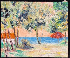 French Post-Impressionist Oil Painting Mid 20th Century Sonnenschirm am Strand