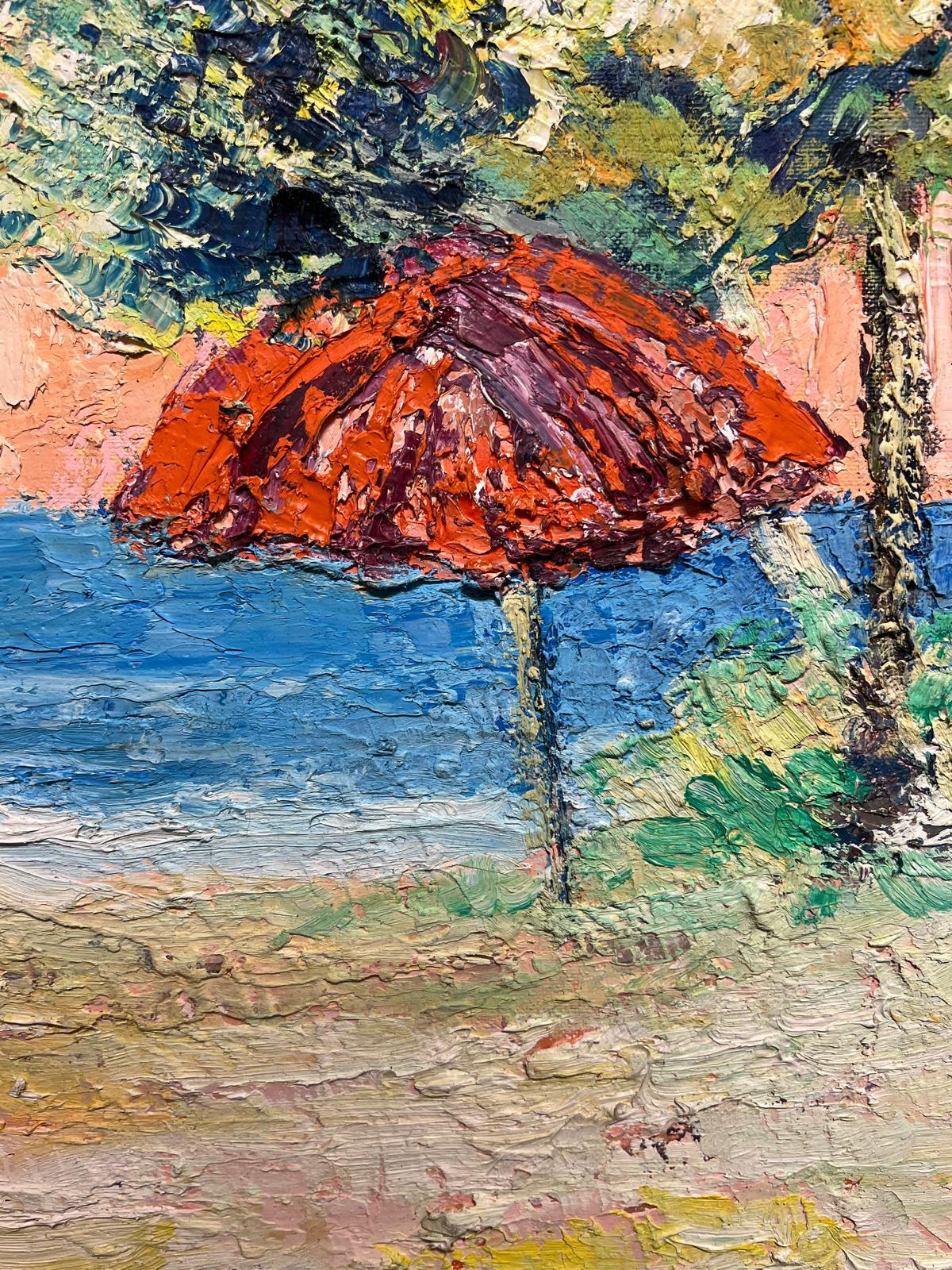 French Post-Impressionist Oil Painting Mid 20th Century Parasol on Beach For Sale 1
