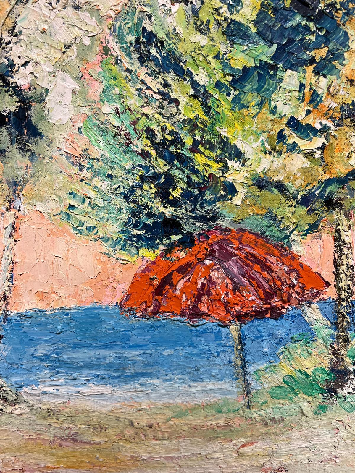 French Post-Impressionist Oil Painting Mid 20th Century Parasol on Beach For Sale 2