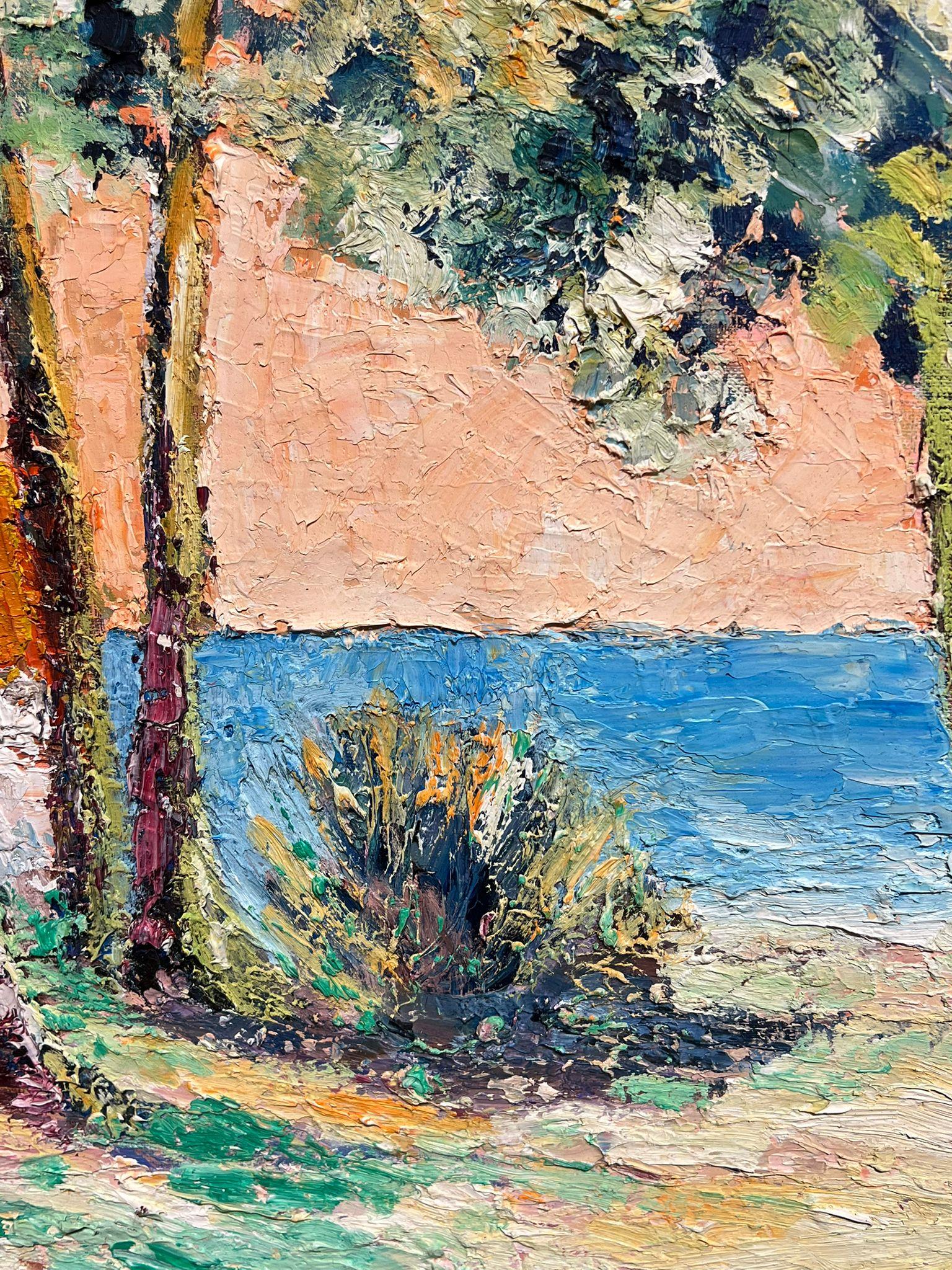 French Post-Impressionist Oil Painting Mid 20th Century Parasol on Beach For Sale 5