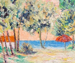 French Post-Impressionist Oil Painting Mid 20th Century Parasol on Beach