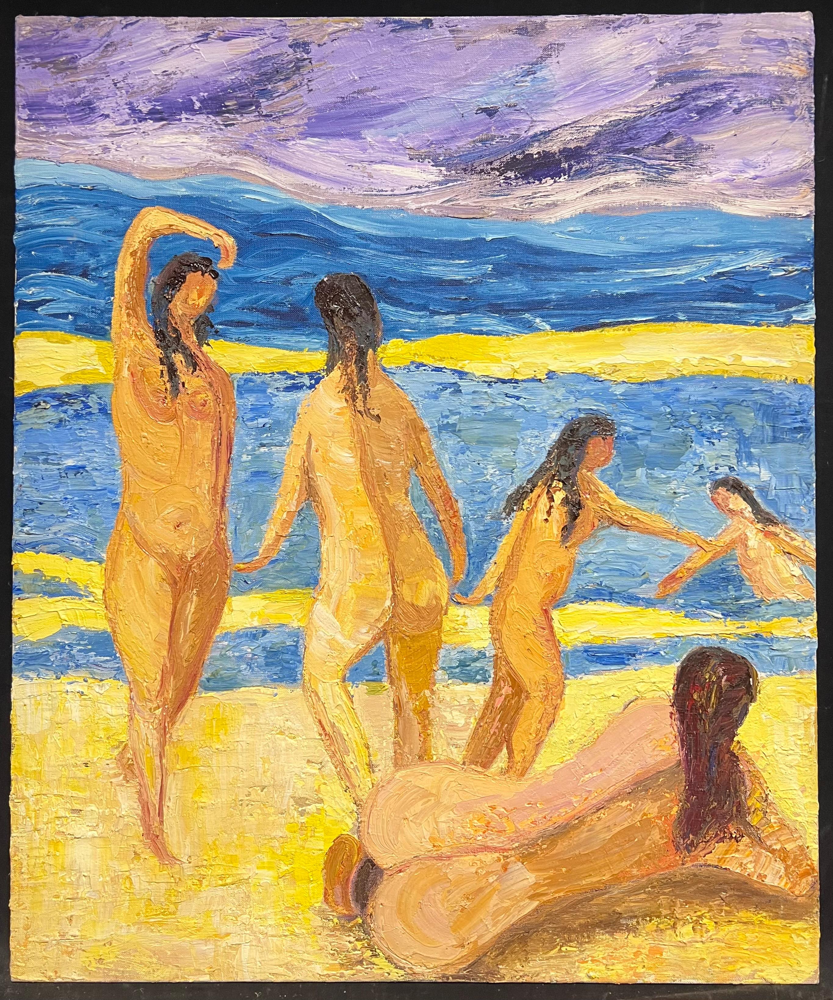 Pittura ad olio francese post-impressionista di grandi dimensioni, con nudi in spiaggia - Painting di French School