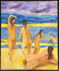 French Post Impressionist Vibrant Large Oil Painting Nude Bathers on the Beach