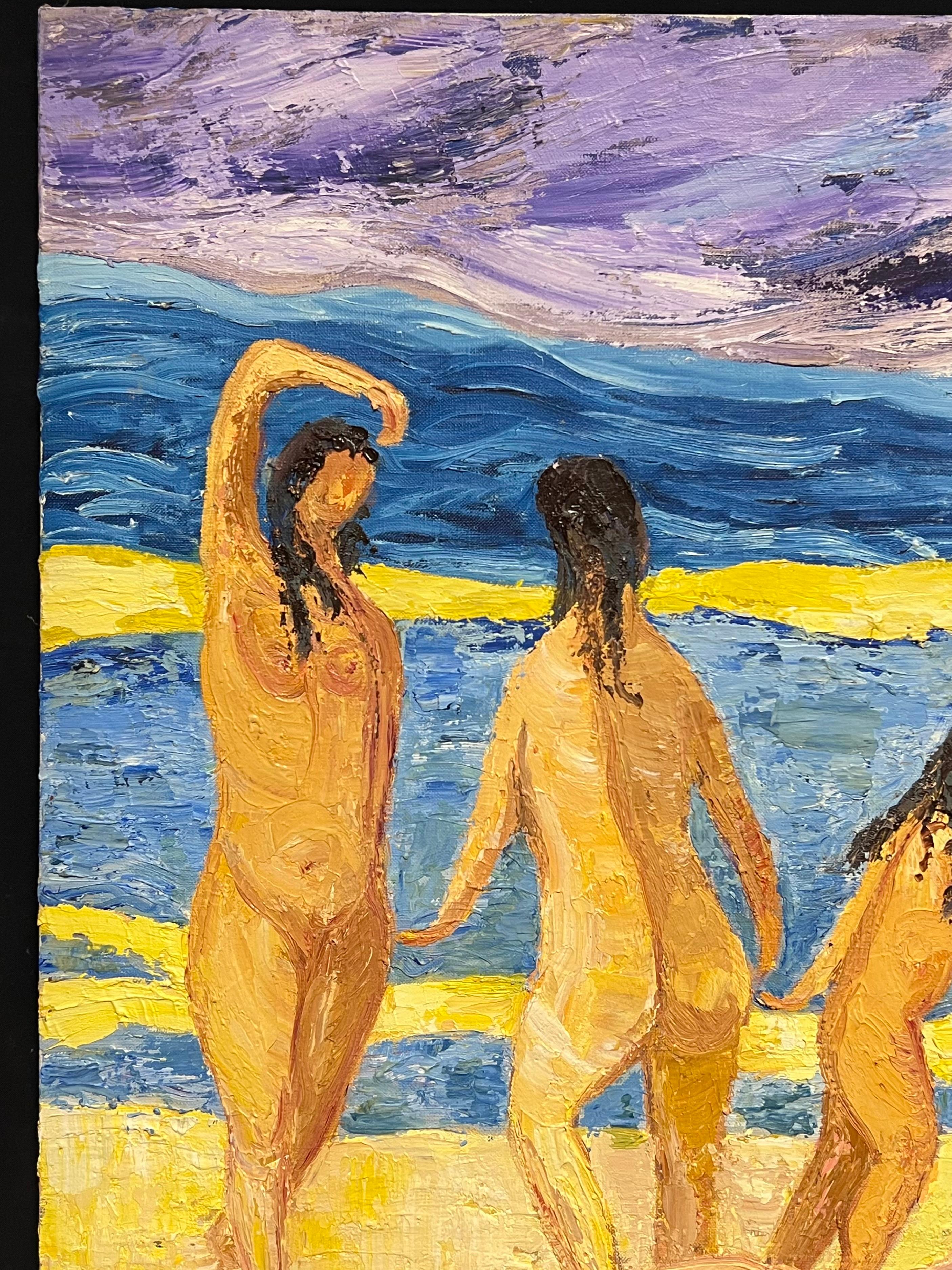 Pittura ad olio francese post-impressionista di grandi dimensioni, con nudi in spiaggia - Painting Postimpressionismo di French School