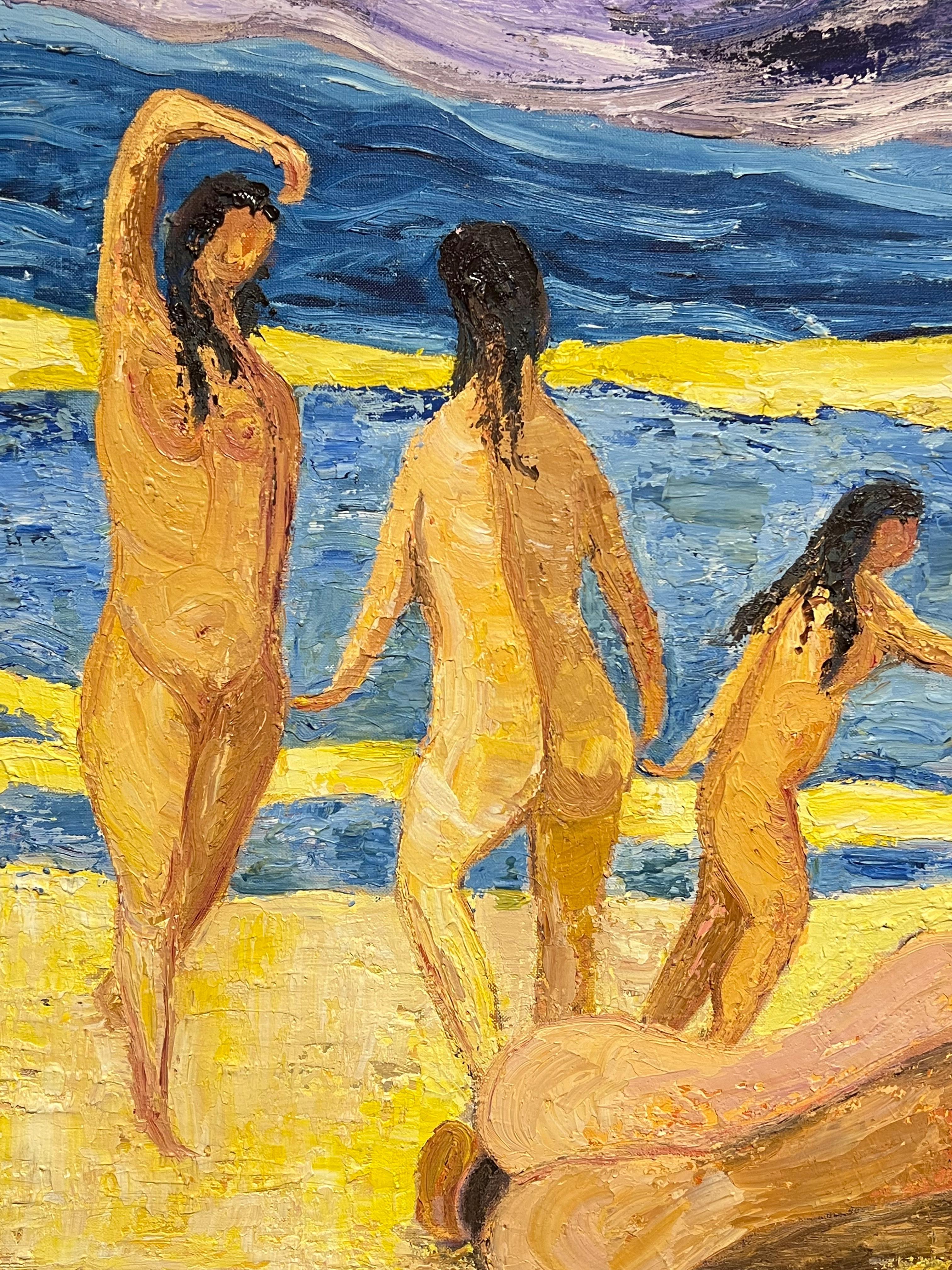 Pittura ad olio francese post-impressionista di grandi dimensioni, con nudi in spiaggia - Landscape Painting Beige di French School