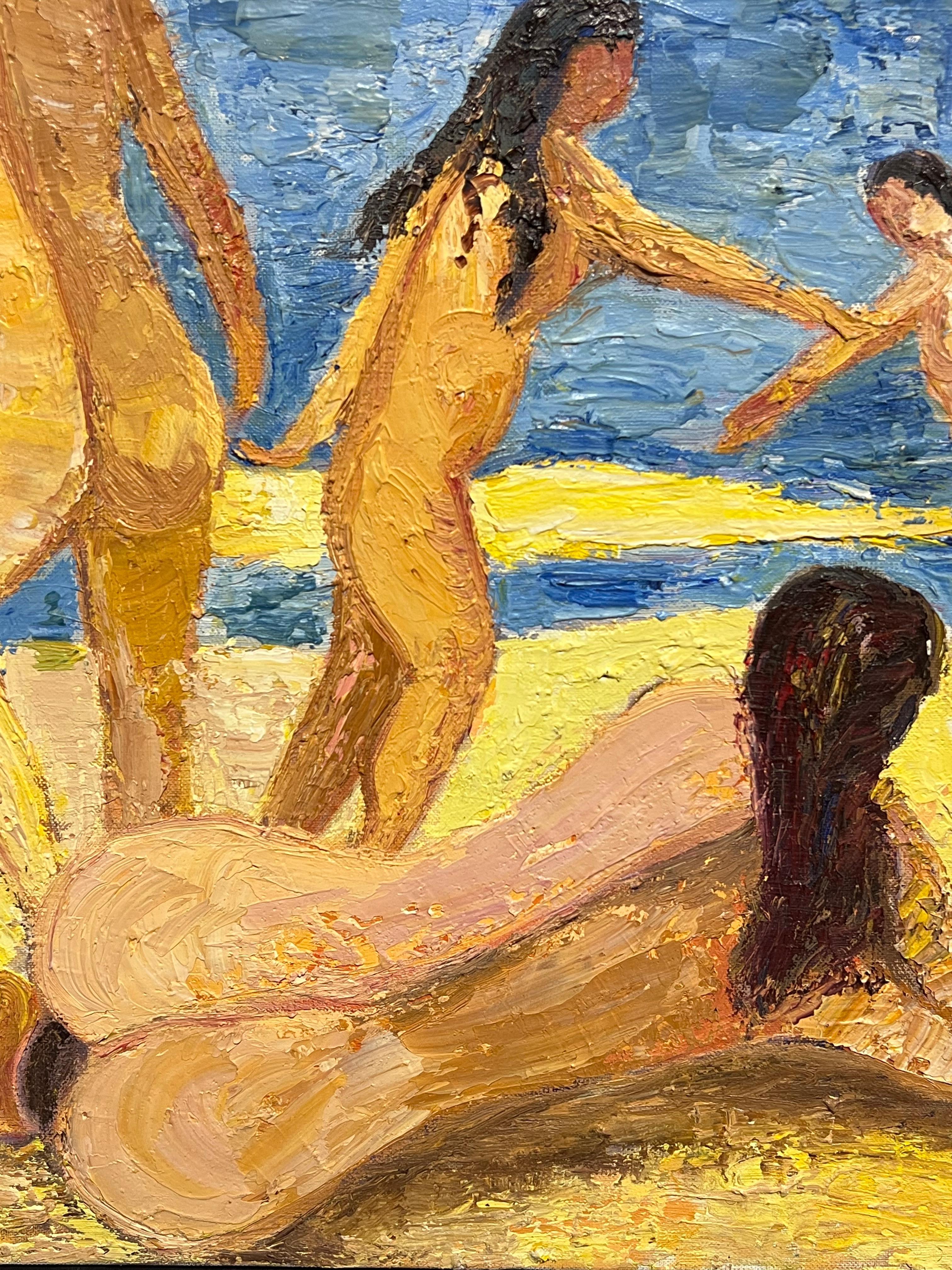 Pittura ad olio francese post-impressionista di grandi dimensioni, con nudi in spiaggia in vendita 1