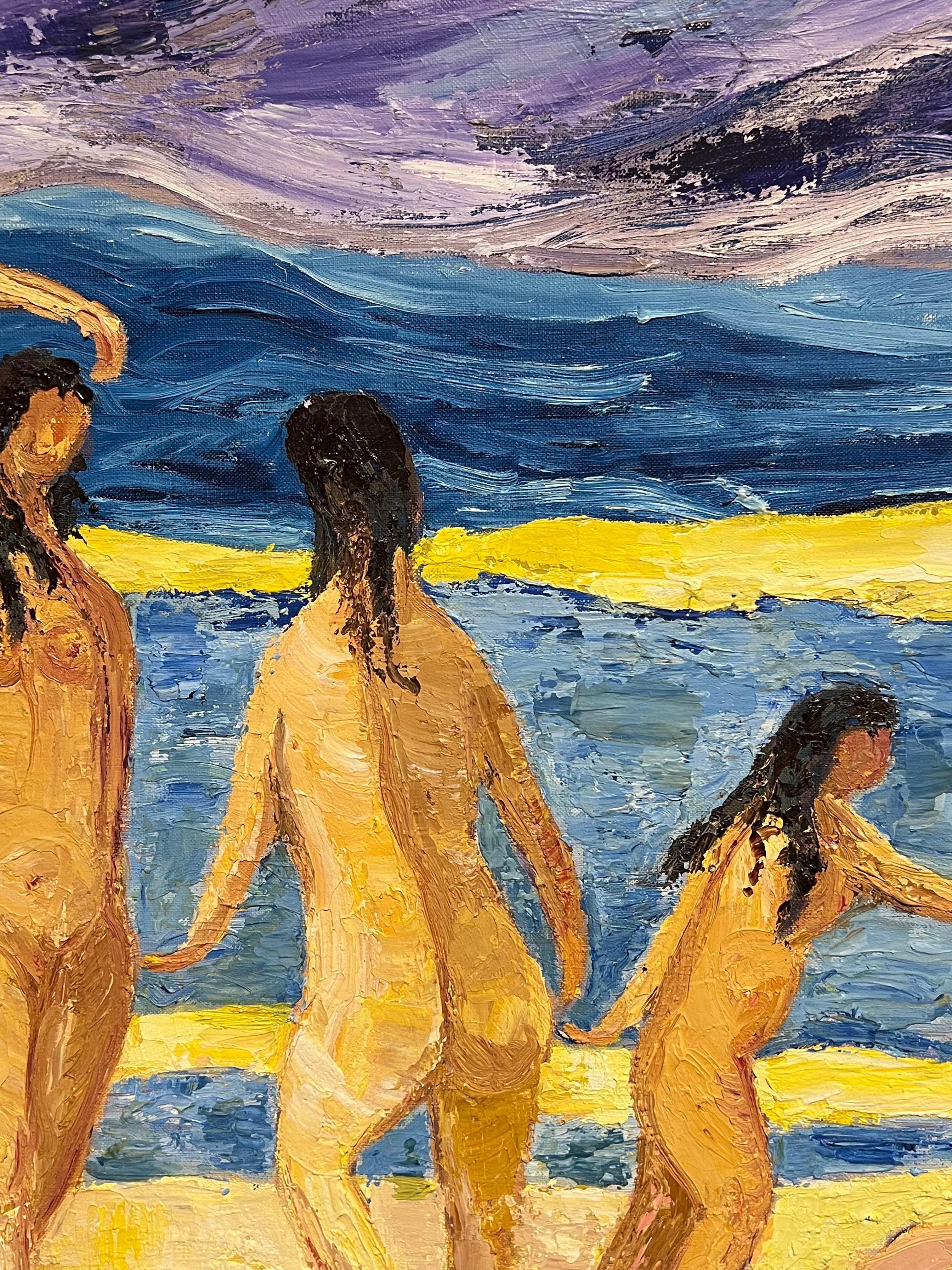 Pittura ad olio francese post-impressionista di grandi dimensioni, con nudi in spiaggia in vendita 2