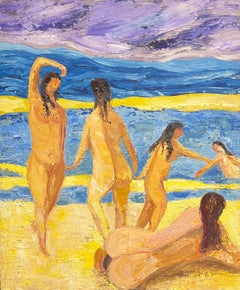 Grande peinture à l'huile post-impressionniste française vibrante - Nus baigneurs sur la plage