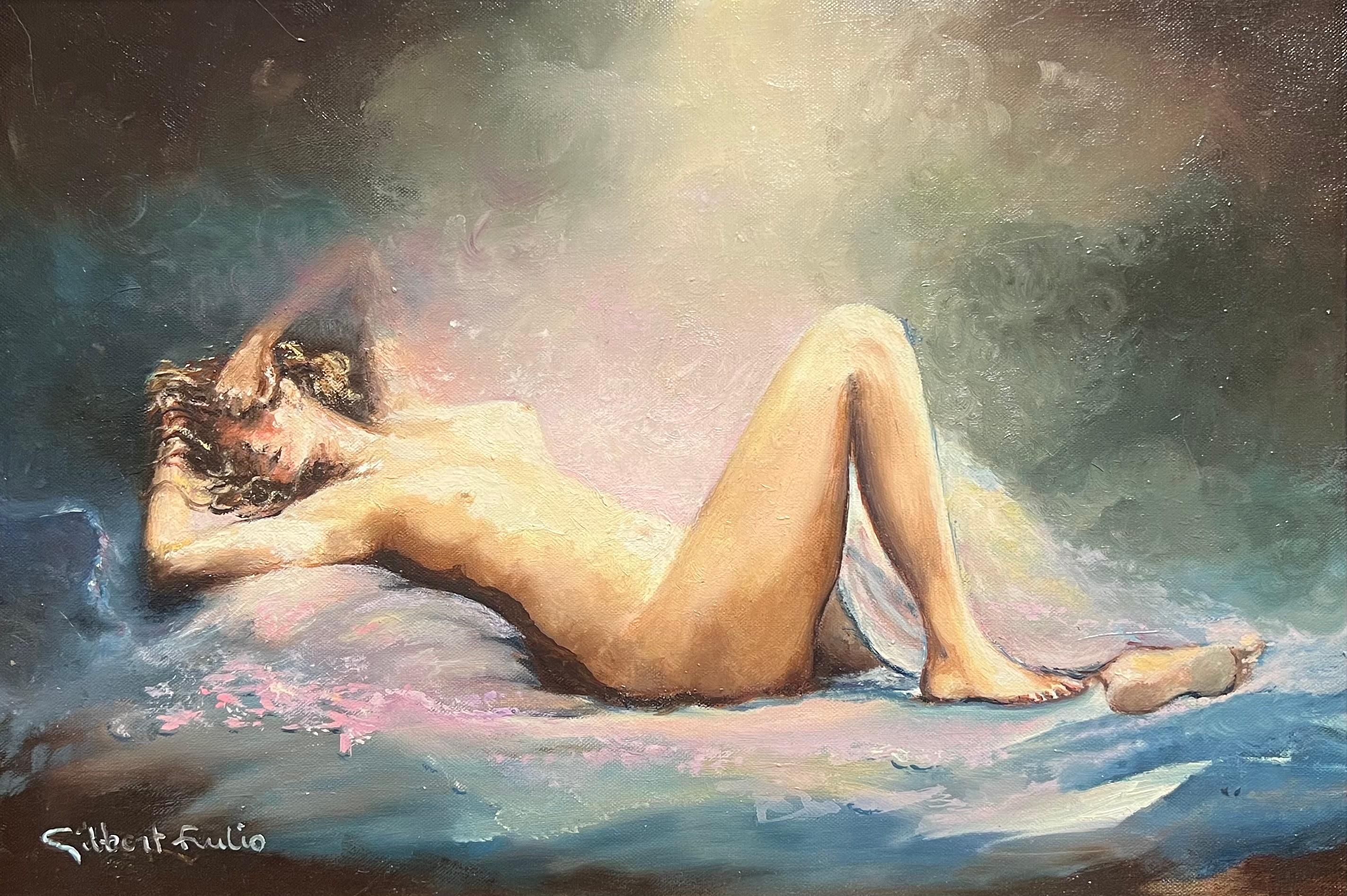 Peinture à l'huile encadrée : Nu couché dans une lumière de rêve Sérénité rayonnante - Painting de French School