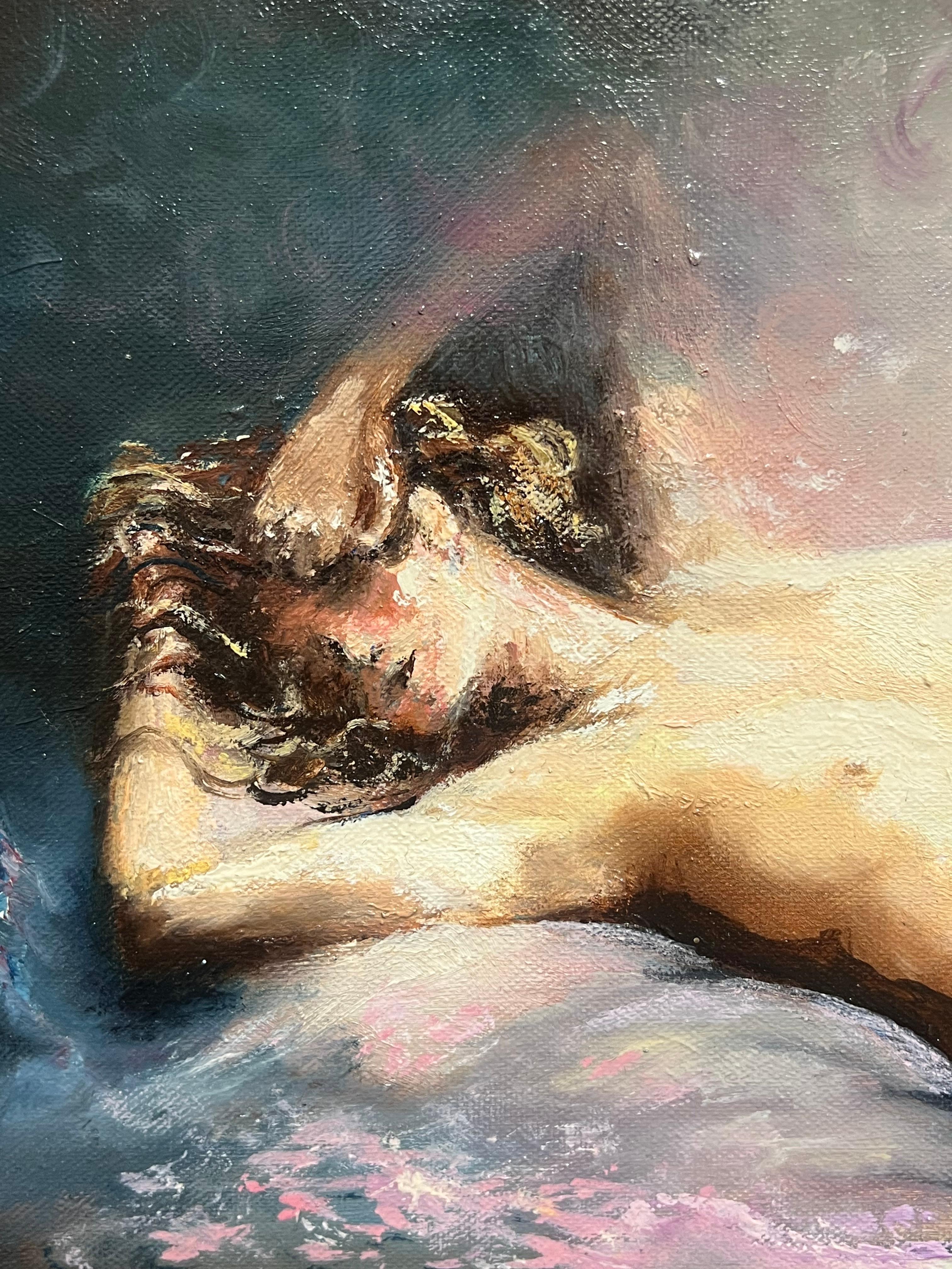 Peinture à l'huile encadrée : Nu couch�é dans une lumière de rêve Sérénité rayonnante - Noir Figurative Painting par French School