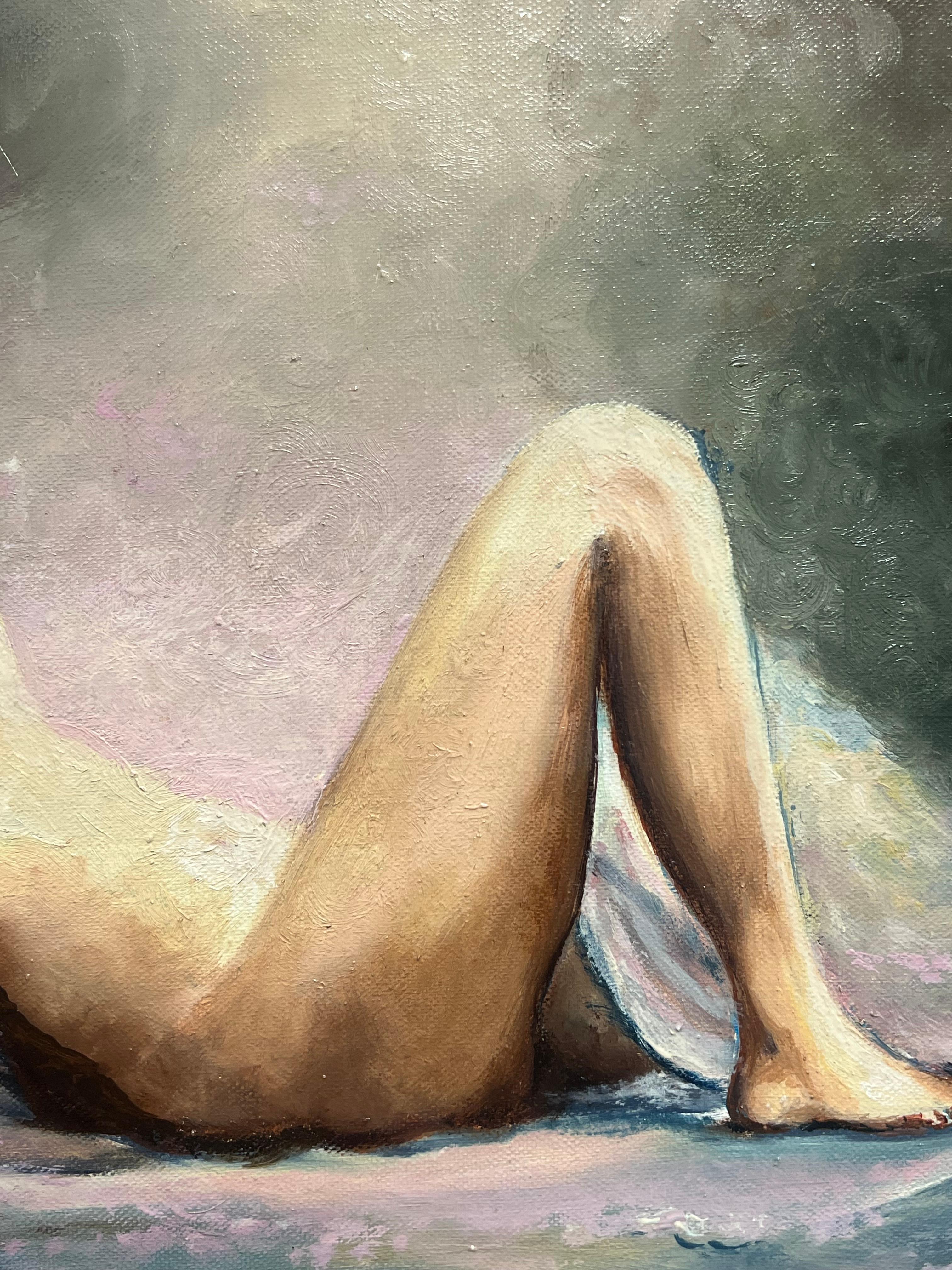 Nu dans une lumière de rêve
École française, seconde moitié du XXe siècle
huile sur toile signée, encadrée
Encadré : 20.5 x 27 pouces
Toile : 15 x 22 pouces
Provenance : collection privée, France
Condit : très bon état 

Description :
Cette peinture