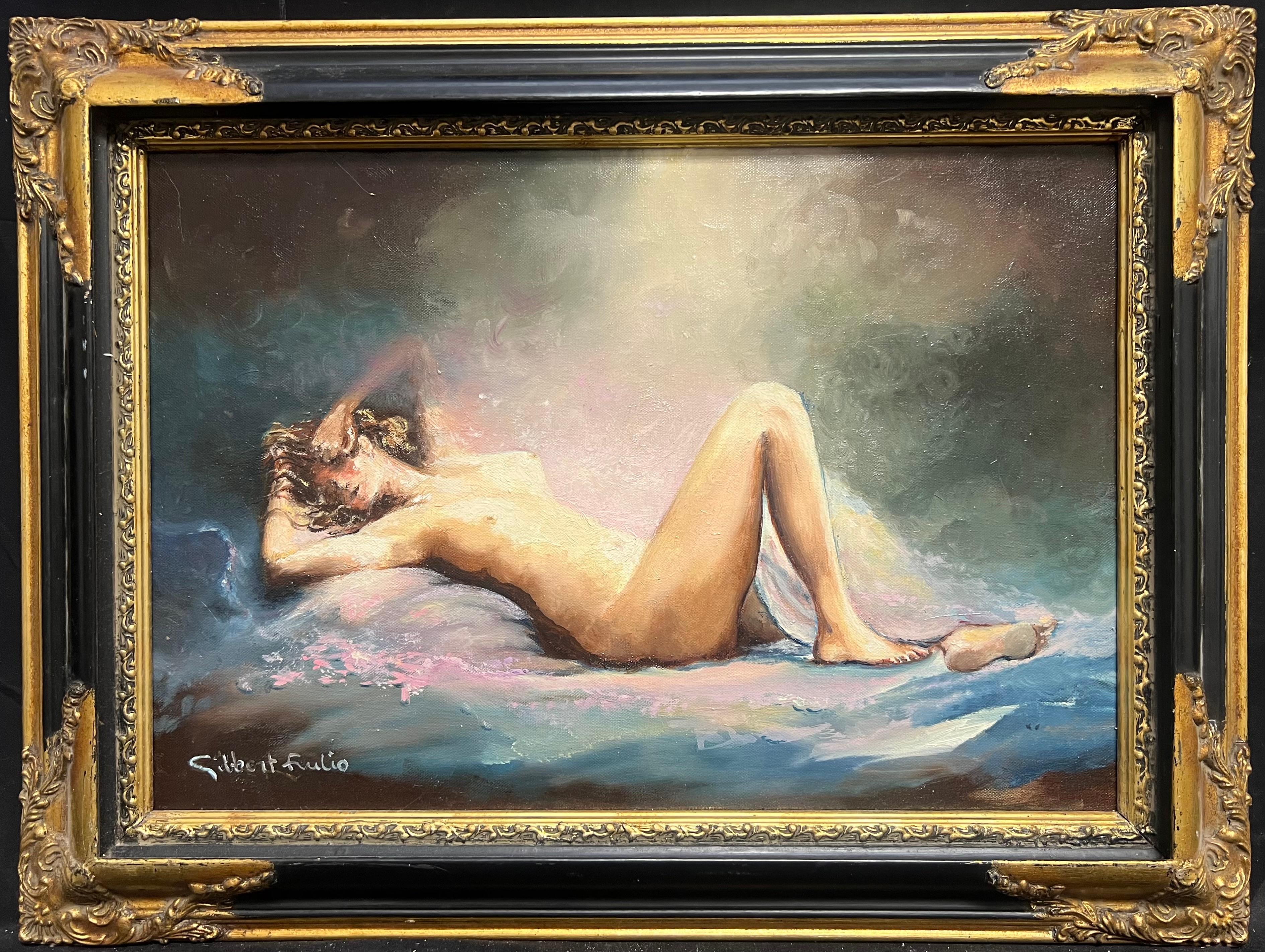 Peinture à l'huile encadrée : Nu couché dans une lumière de rêve Sérénité rayonnante