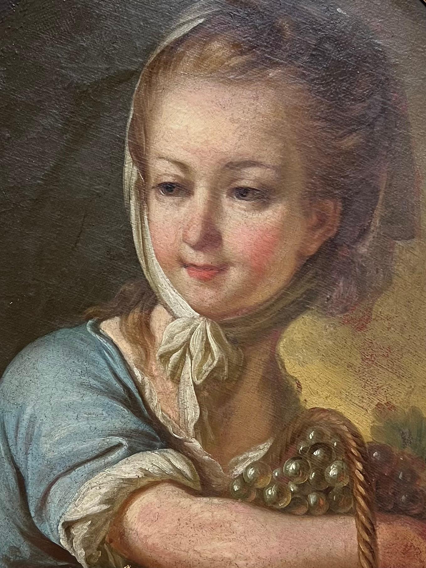 Pintura al óleo ovalada French Rococo del siglo XVIII Retrato de joven con uvas - Painting Rococó de French School