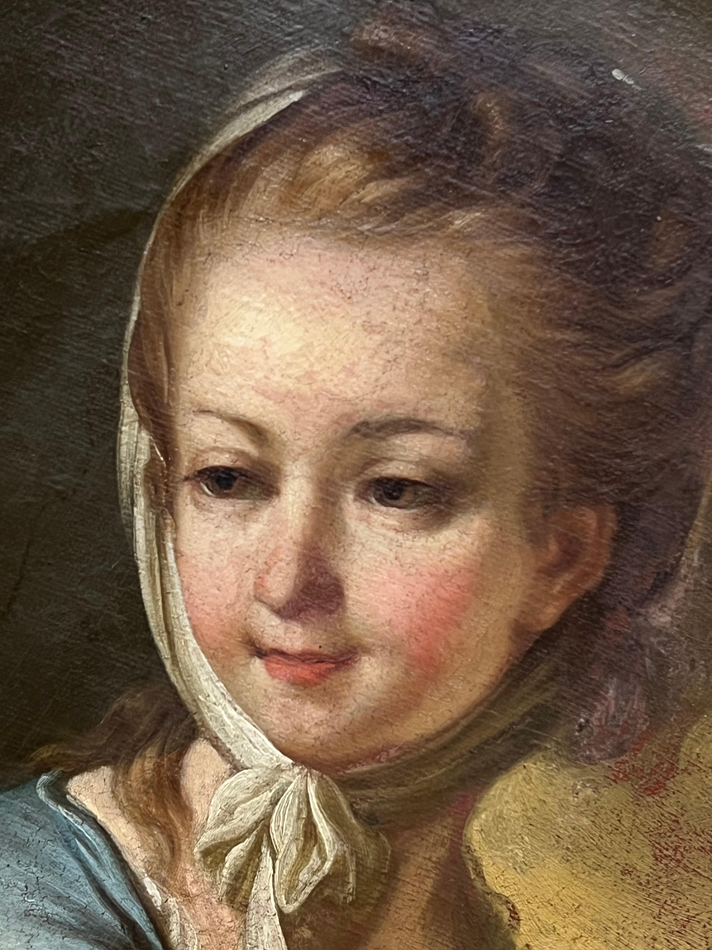 Pintura al óleo ovalada French Rococo del siglo XVIII Retrato de joven con uvas - Figurative Painting Marrón de French School