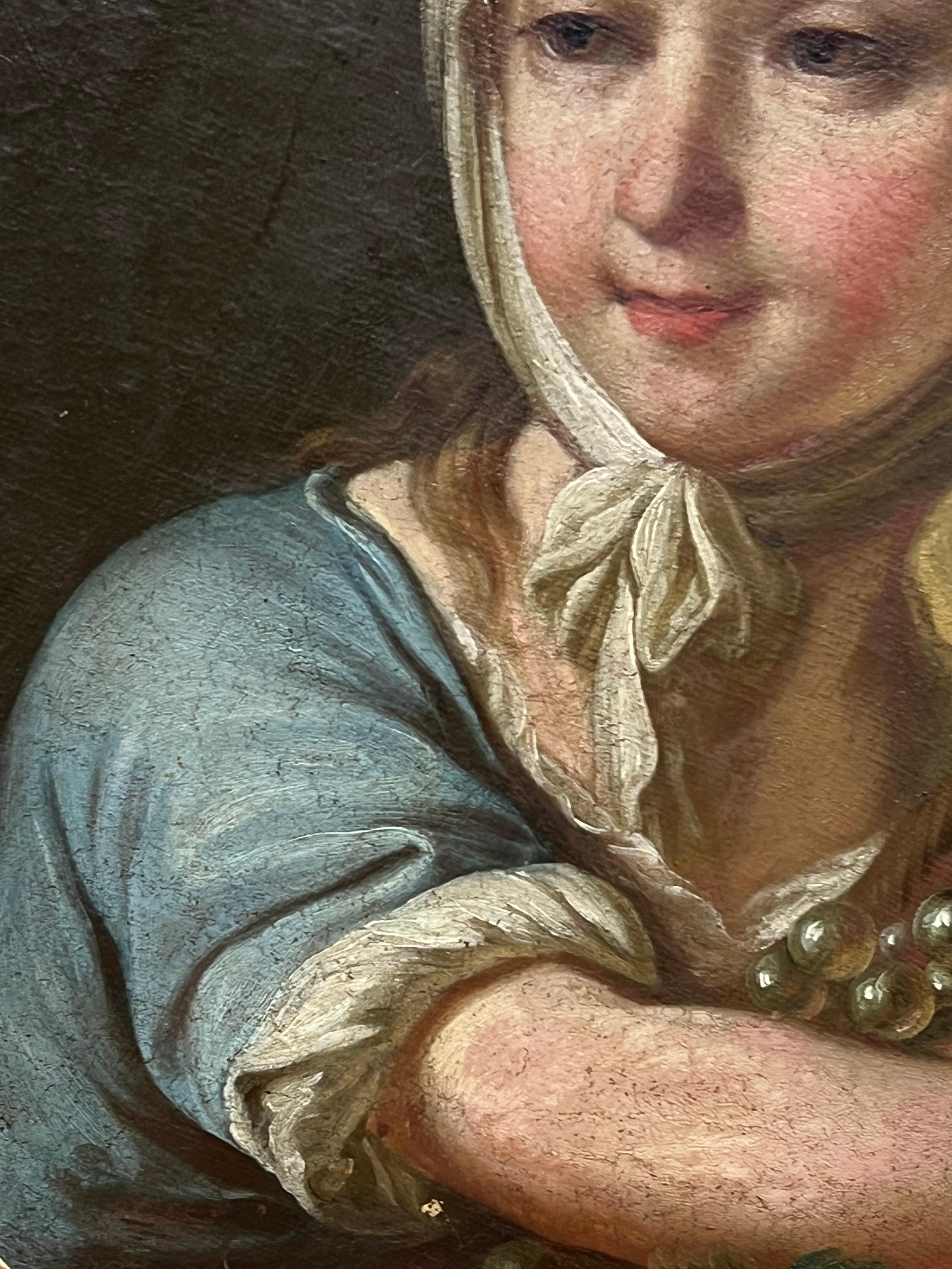 Retrato de una joven 
Escuela French Rococo, siglo XVIII
óleo sobre lienzo, enmarcado
Enmarcado: 24 x 20 pulgadas
Lienzo : 20 x 16 pulgadas
Procedencia: colección privada, Francia
Estado: muy buen estado; el marco es antiguo y de época con el