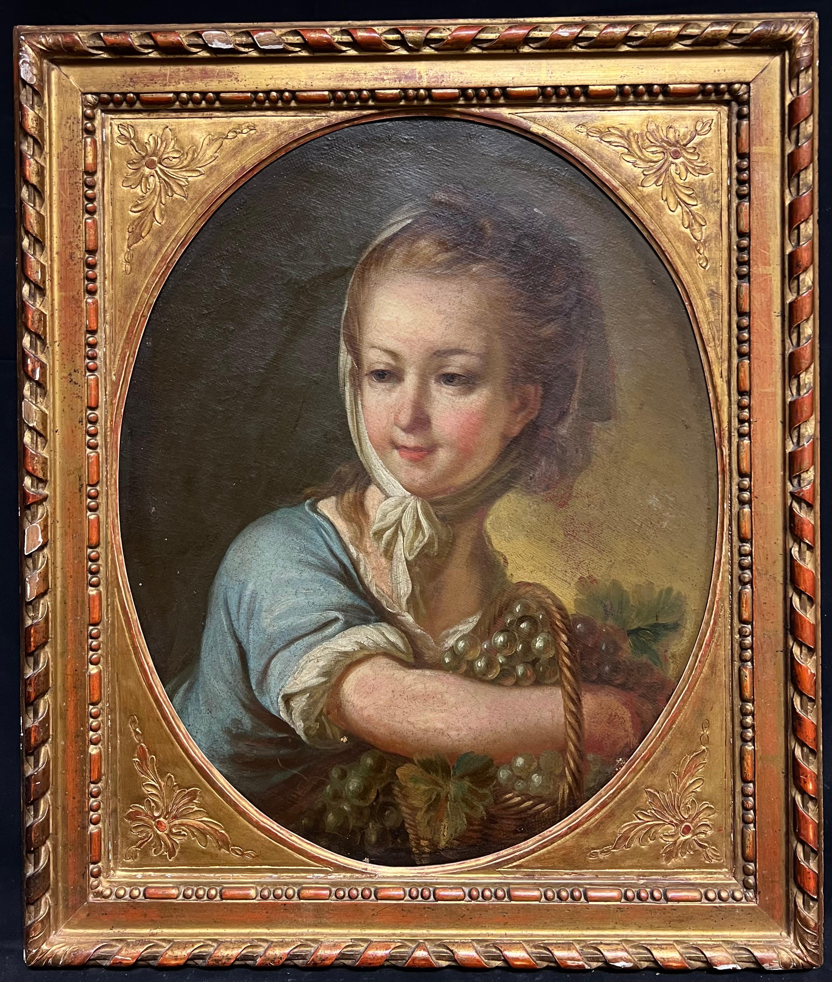 Figurative Painting de French School - Pintura al óleo ovalada French Rococo del siglo XVIII Retrato de joven con uvas