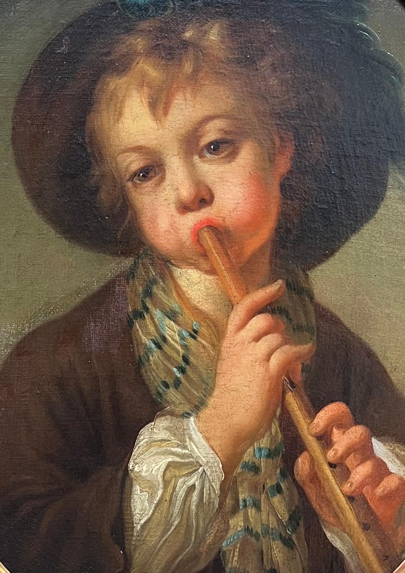 Retrato French Rococo Siglo XVIII Joven tocando la flauta Óleo ovalado - Painting de French School