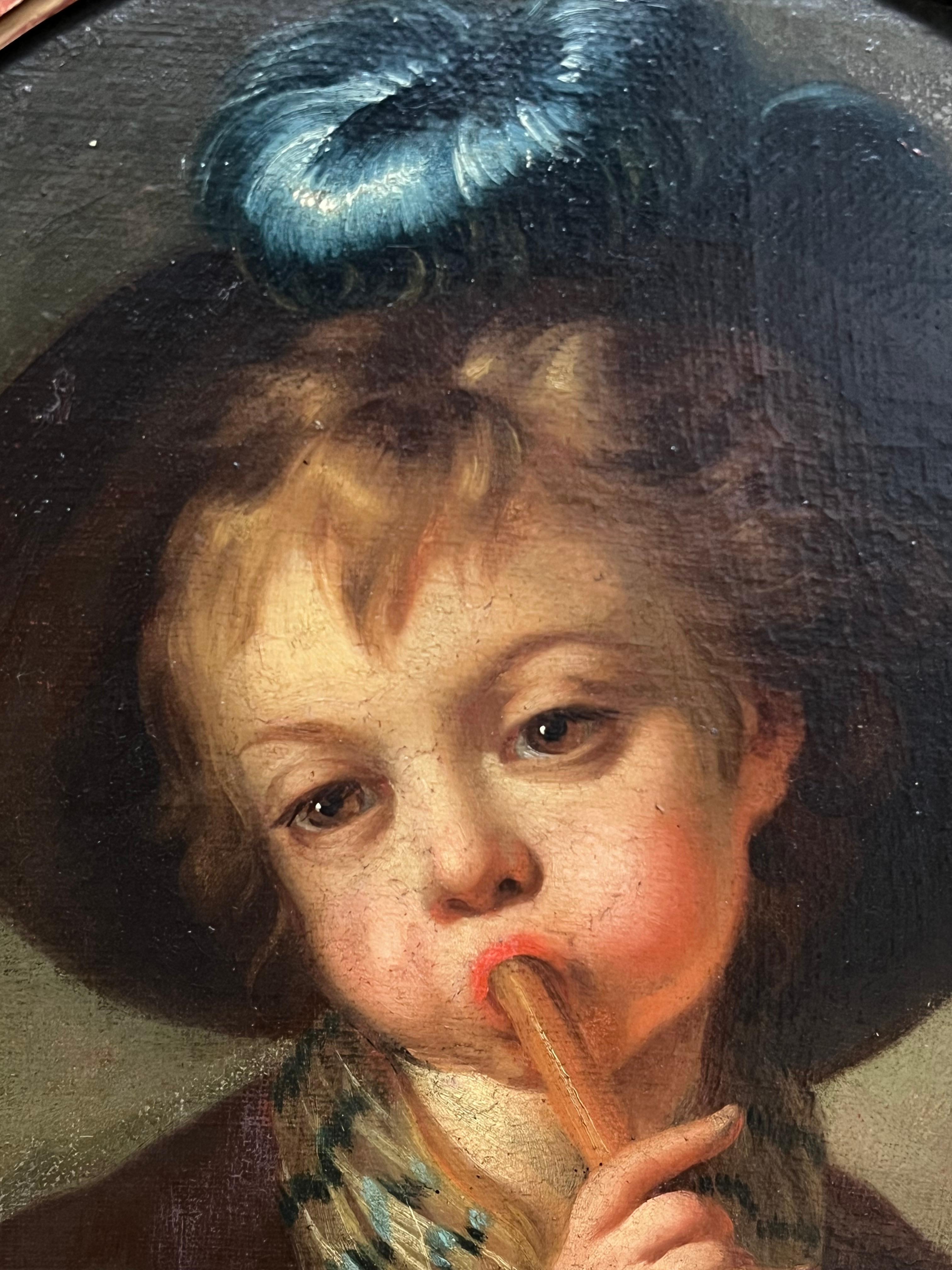 Retrato French Rococo Siglo XVIII Joven tocando la flauta Óleo ovalado - Portrait Painting Marrón de French School