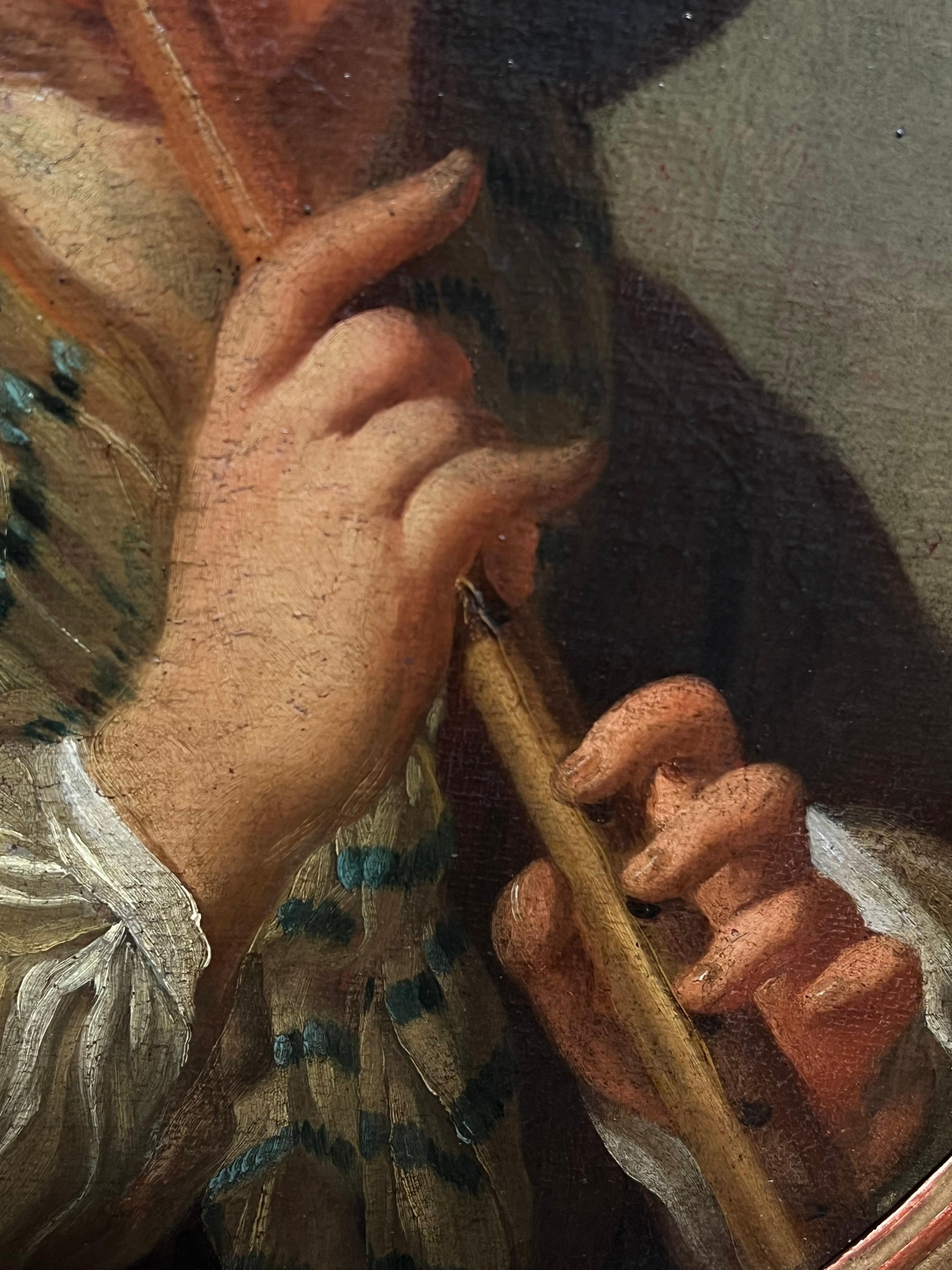 Retrato French Rococo Siglo XVIII Joven tocando la flauta Óleo ovalado en venta 1