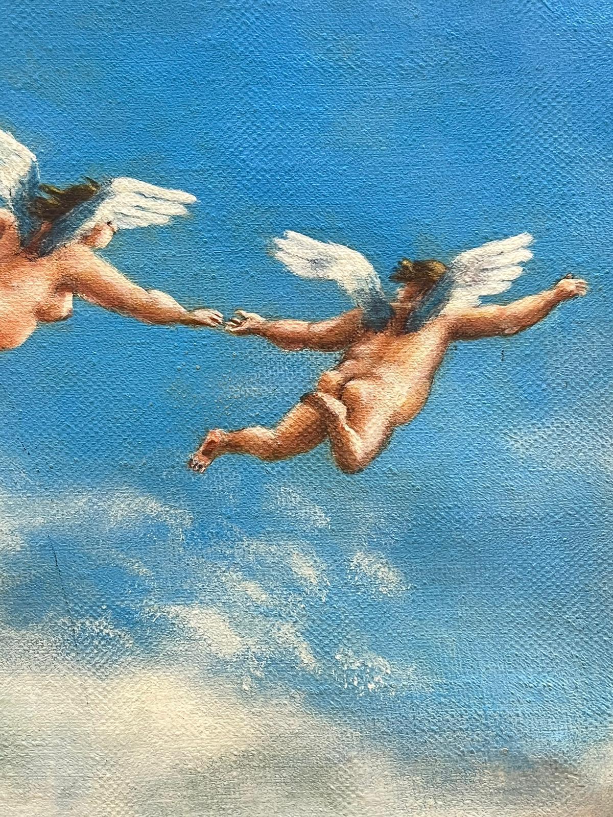 French Surrealist Oil Winged Cherubs Flying through Clouds - Painting by French School