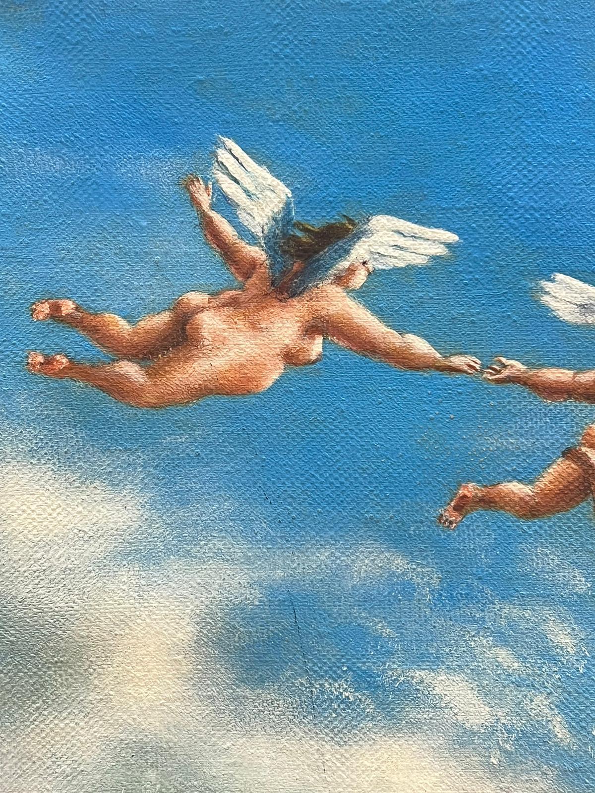 Huile surréaliste française Chérubins ailés volant dans les nuages - Moderne Painting par French School