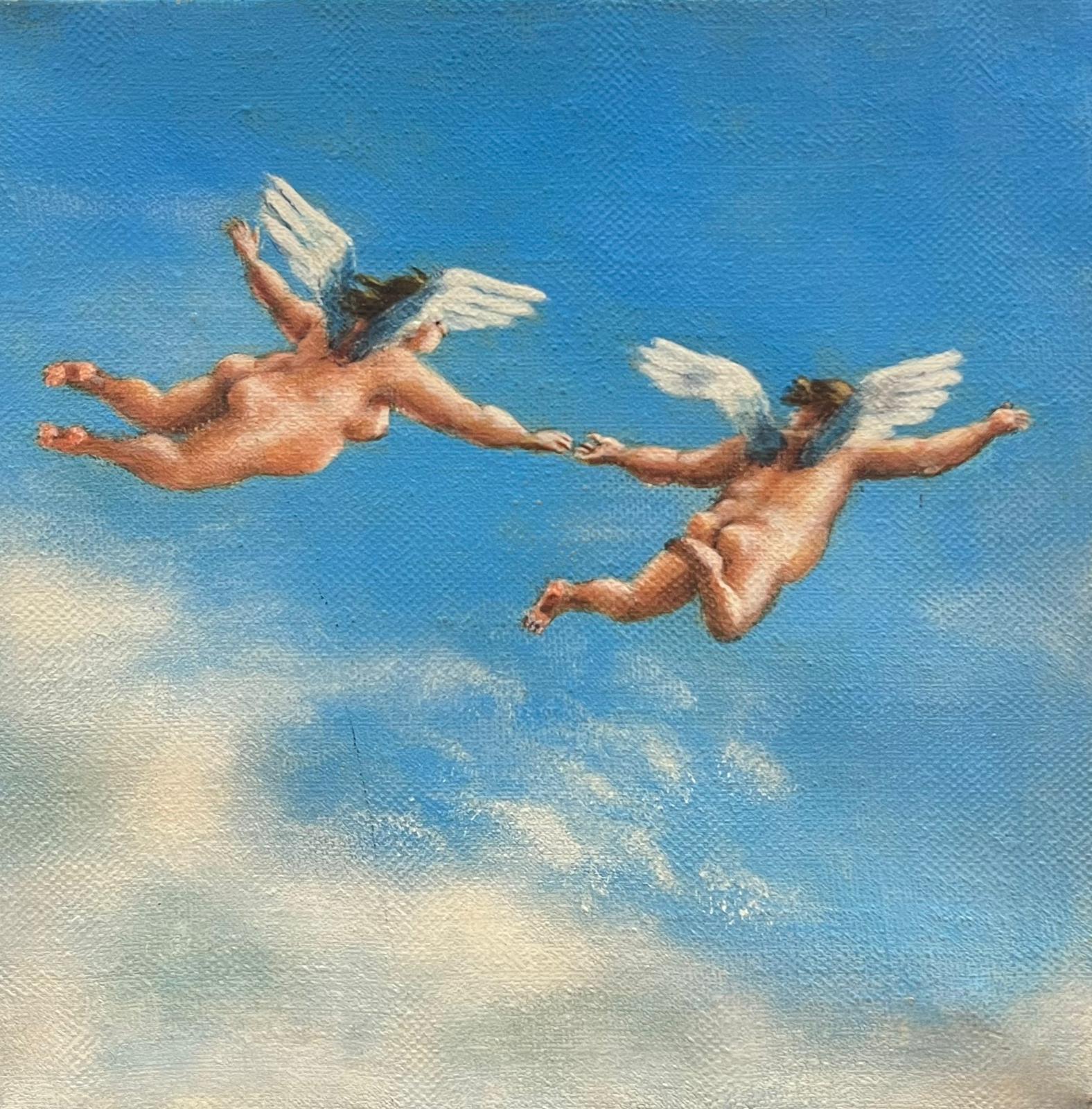 French School Nude Painting – Französische surrealistische geflügelte Putten, Ölgemälde, fliegend durch Wolken