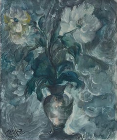 Green Teal Color Flowers in Vase, Vintage French Impressionist signed oil 