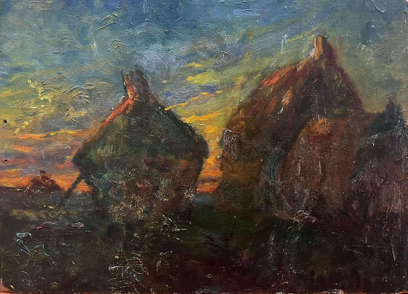 French School Landscape Painting - Haystacks at Sunset Vintage French Impressionist Oil Painting