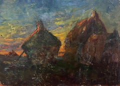 Haystacks at Sunset Antique French Impressionist Oil Painting