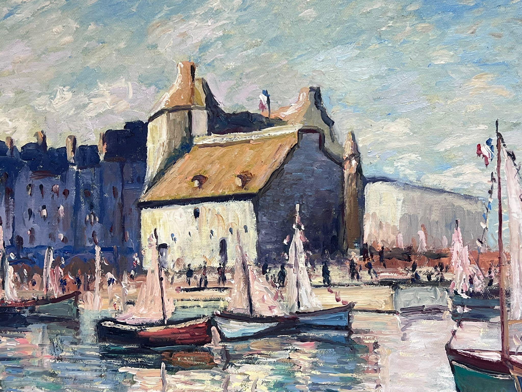 Honfleur Harbour Vintage French Signed Oil Painting framed For Sale 3