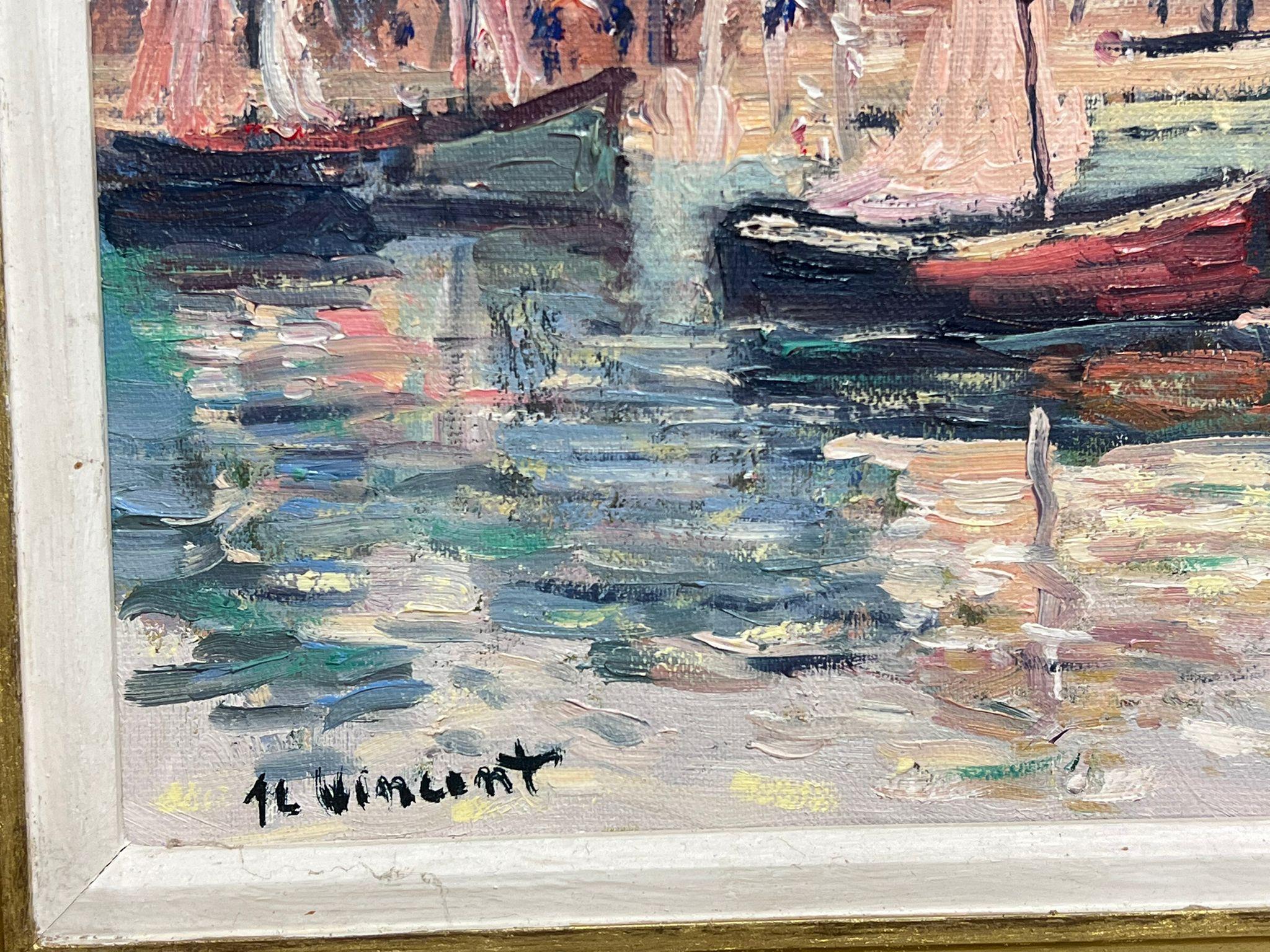 Honfleur Harbour Vintage French Signed Oil Painting framed For Sale 4
