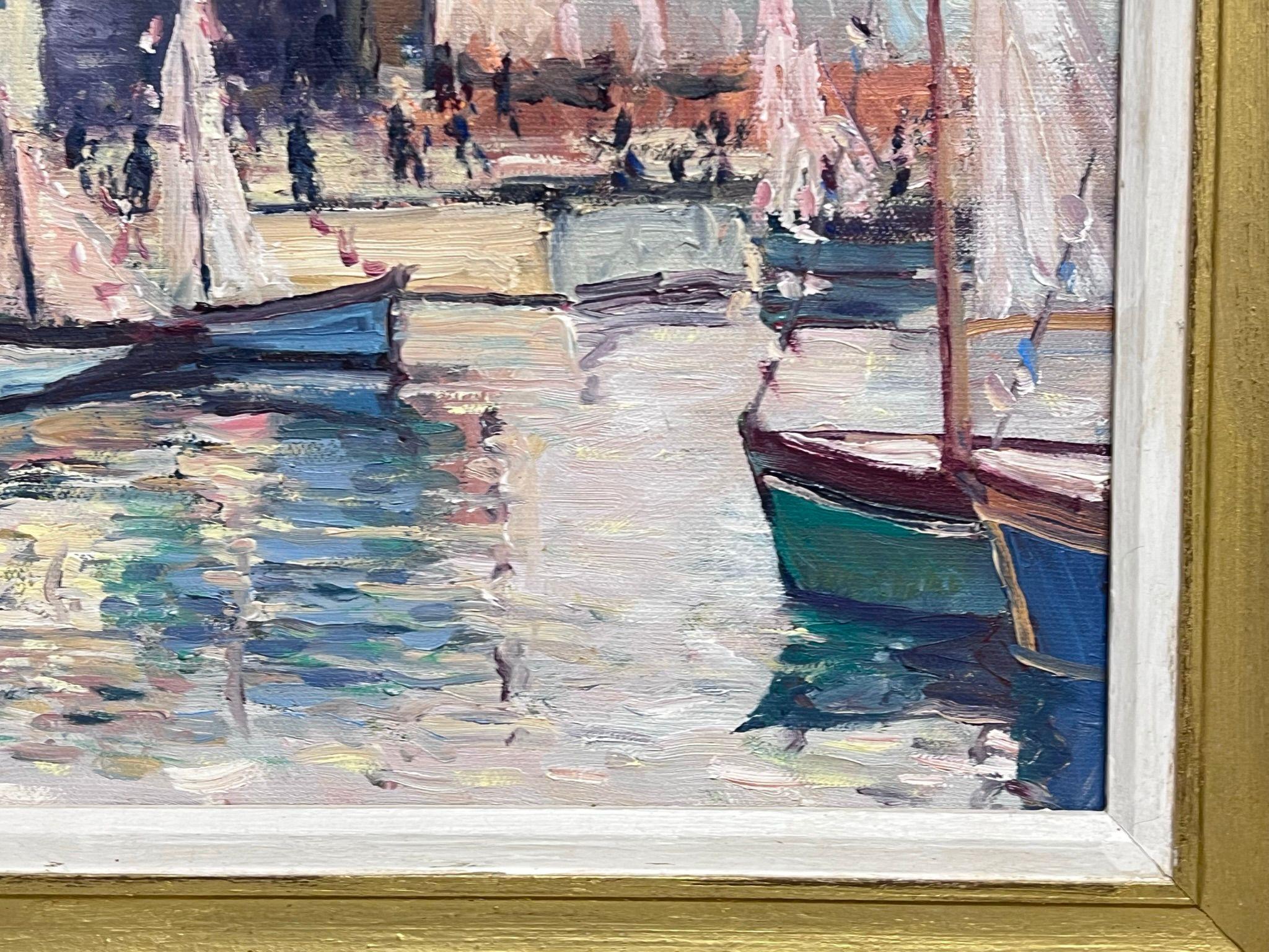 Puerto de Honfleur Pintura al óleo vintage francesa firmada y enmarcada en venta 2