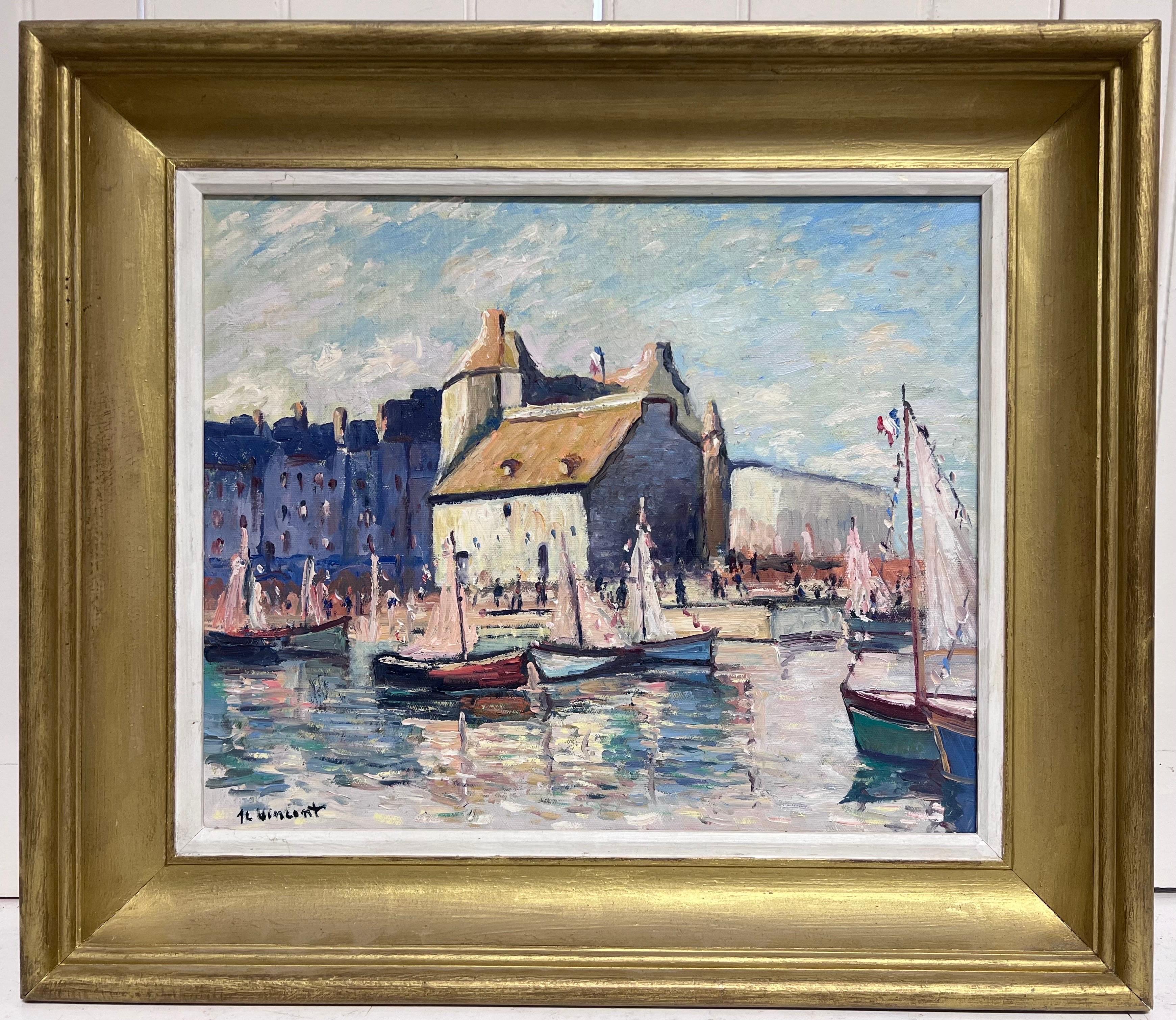French School Figurative Painting - Honfleur Harbour Vintage French Signed Oil Painting framed