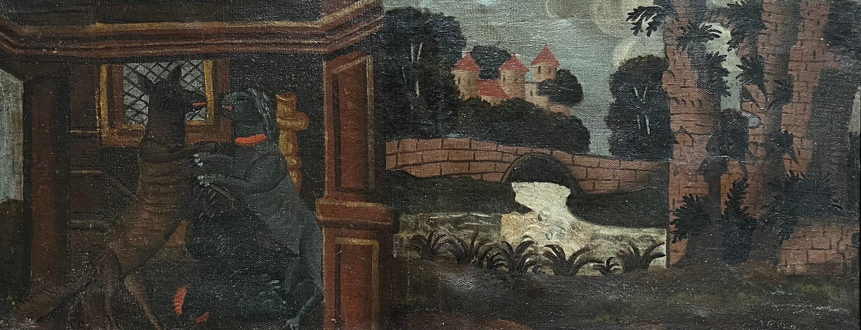 Enorme óleo francés del siglo XVIII Perros luchando Castillo medieval Marco de madera - Painting de French School