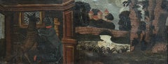 Huge 18th Century French Oil Painting Dogs Fighting Medieval Castle Wooden Frame
