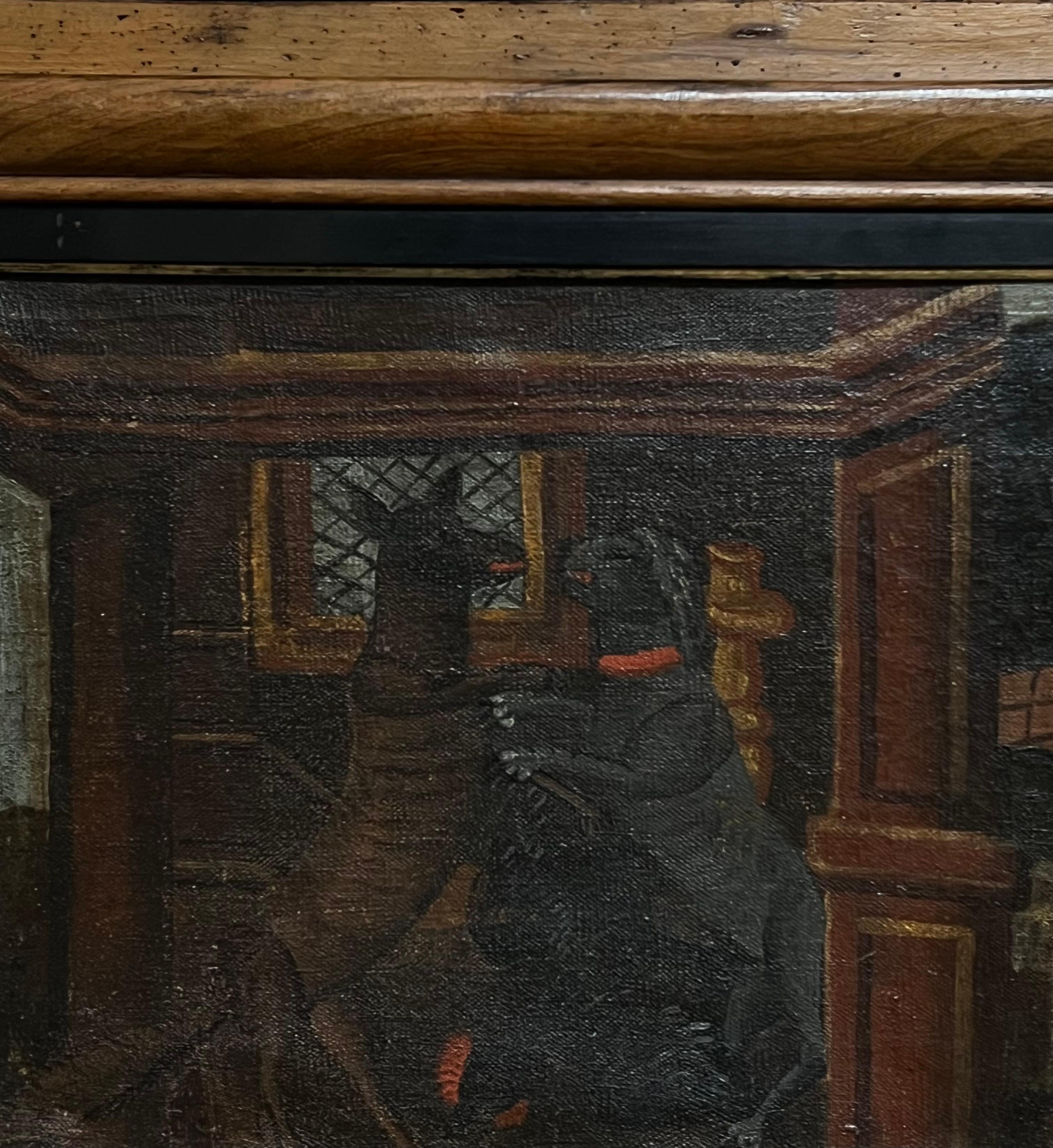 Enorme óleo francés del siglo XVIII Perros luchando Castillo medieval Marco de madera - Animal Painting Negro de French School