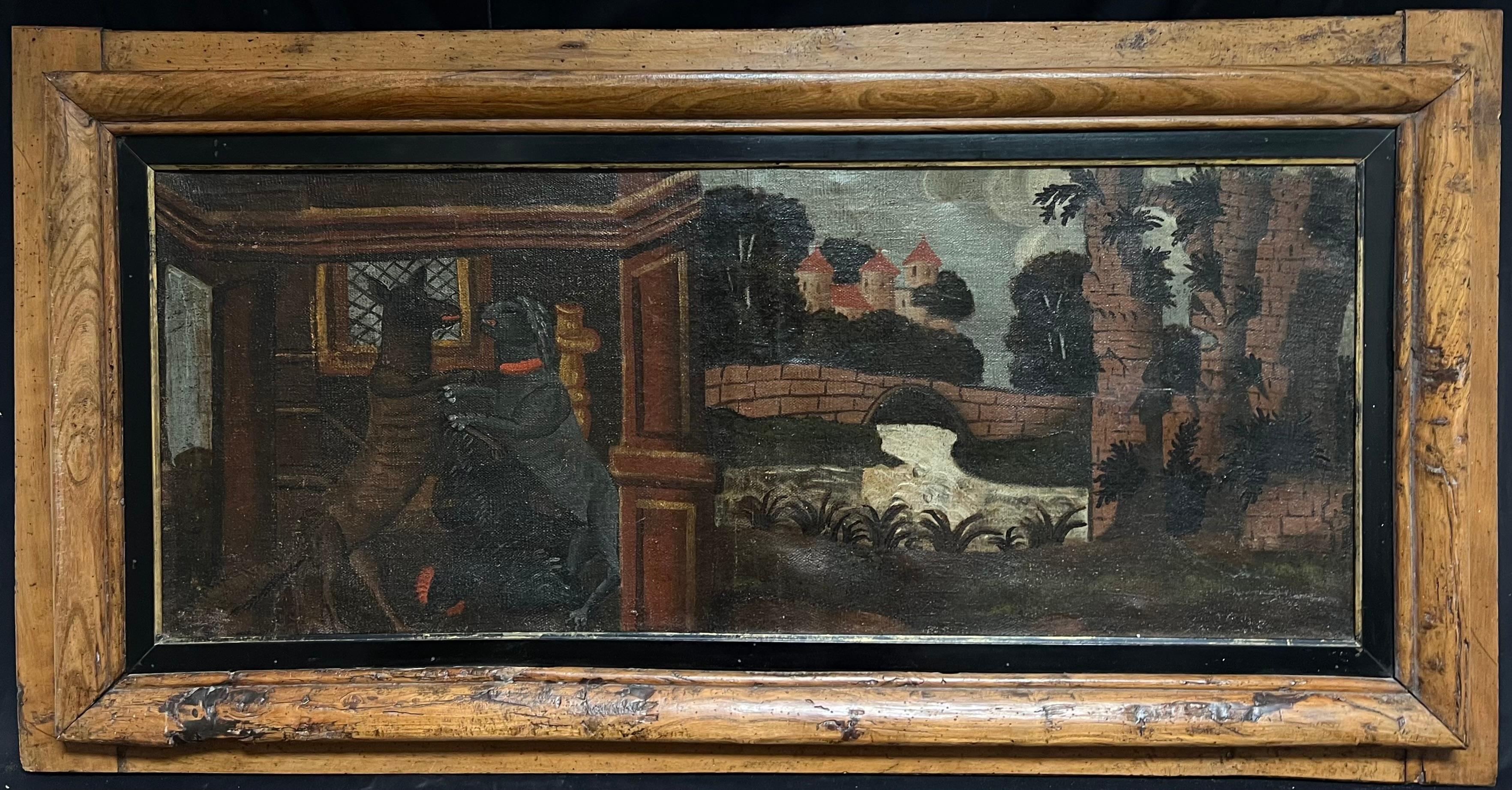 Enorme óleo francés del siglo XVIII Perros luchando Castillo medieval Marco de madera
