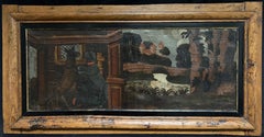 Grande peinture à l'huile française du 18ème siècle, représentant des chiens combattant des châteaux médiévaux