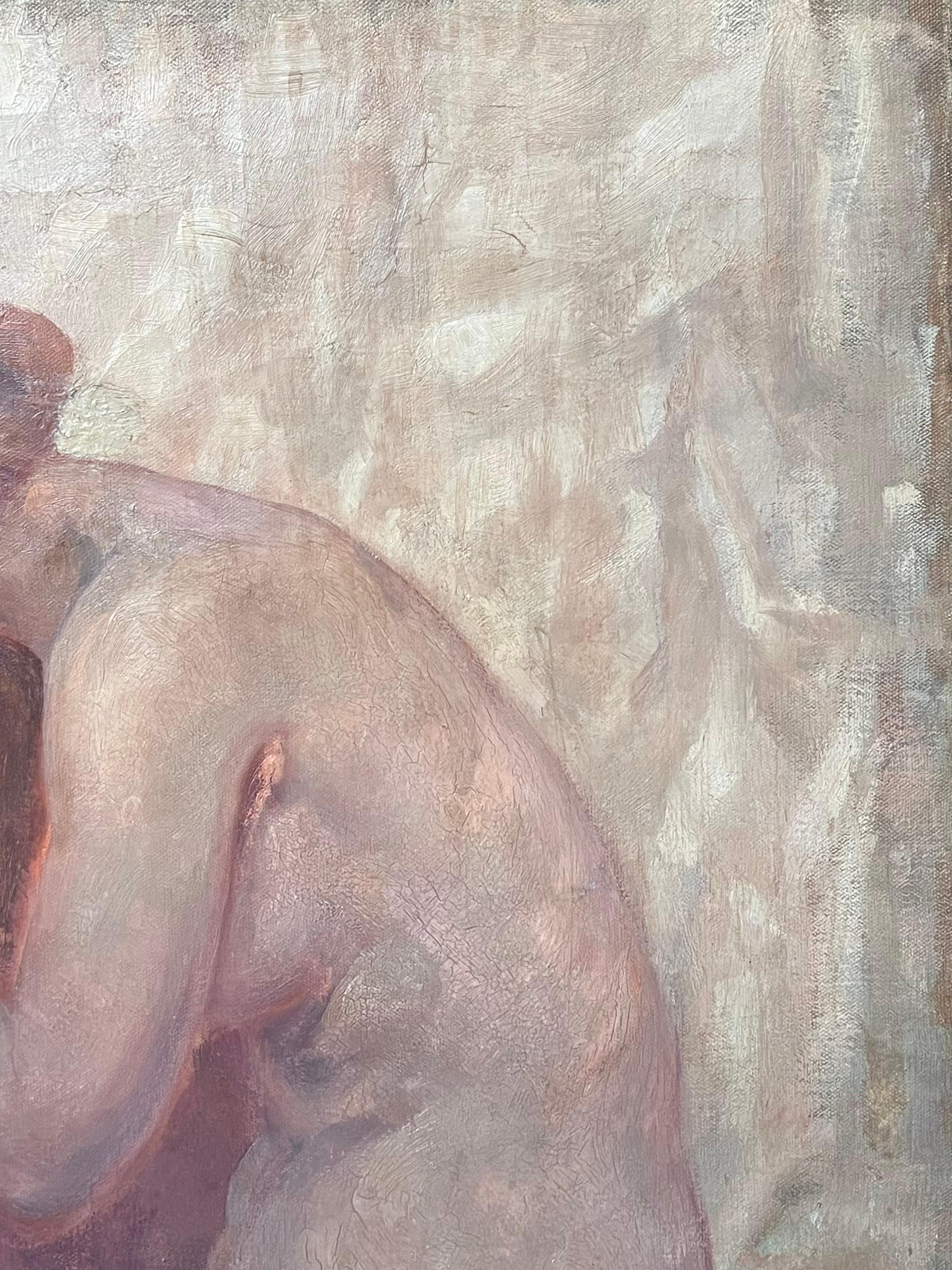 Huge 1900's French Impressionist Oil on Canvas Nude Model Artists Interior - Beige Portrait Painting by French School