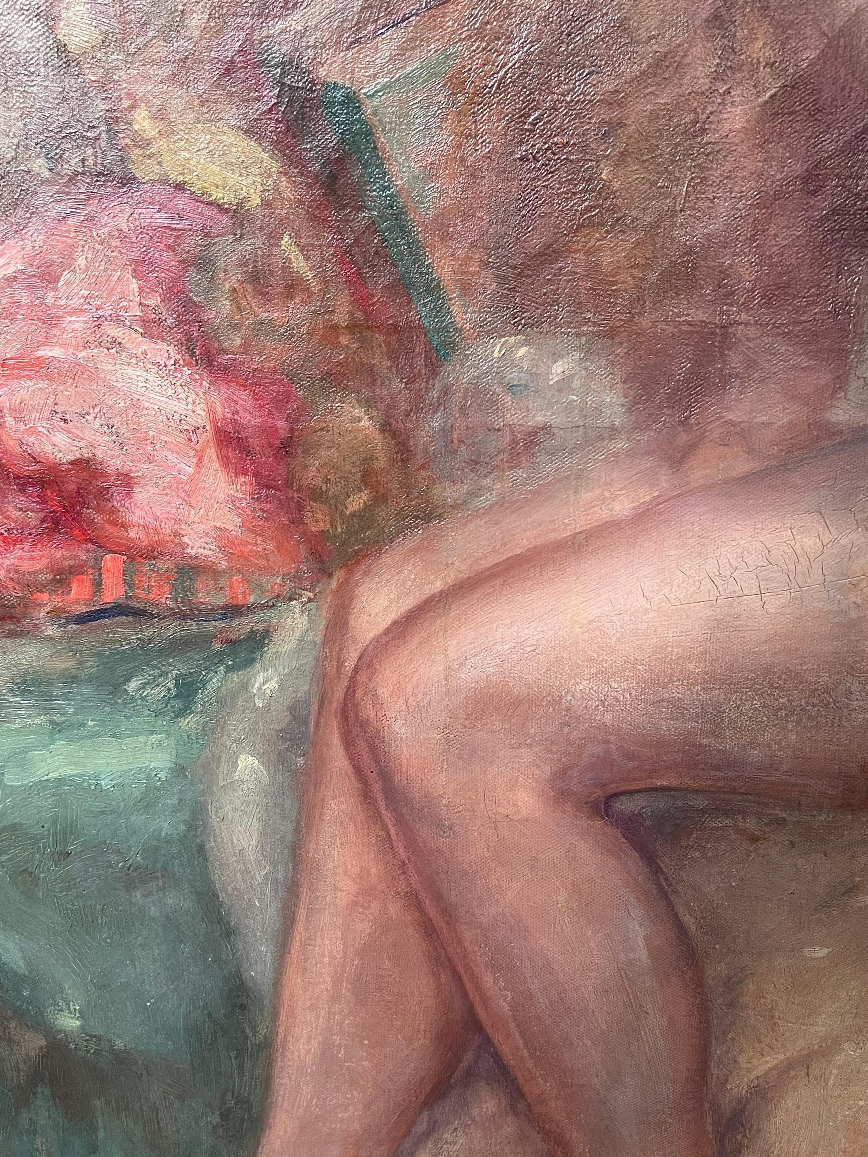 Huge 1900's French Impressionist Oil on Canvas Nude Model Artists Interior For Sale 1
