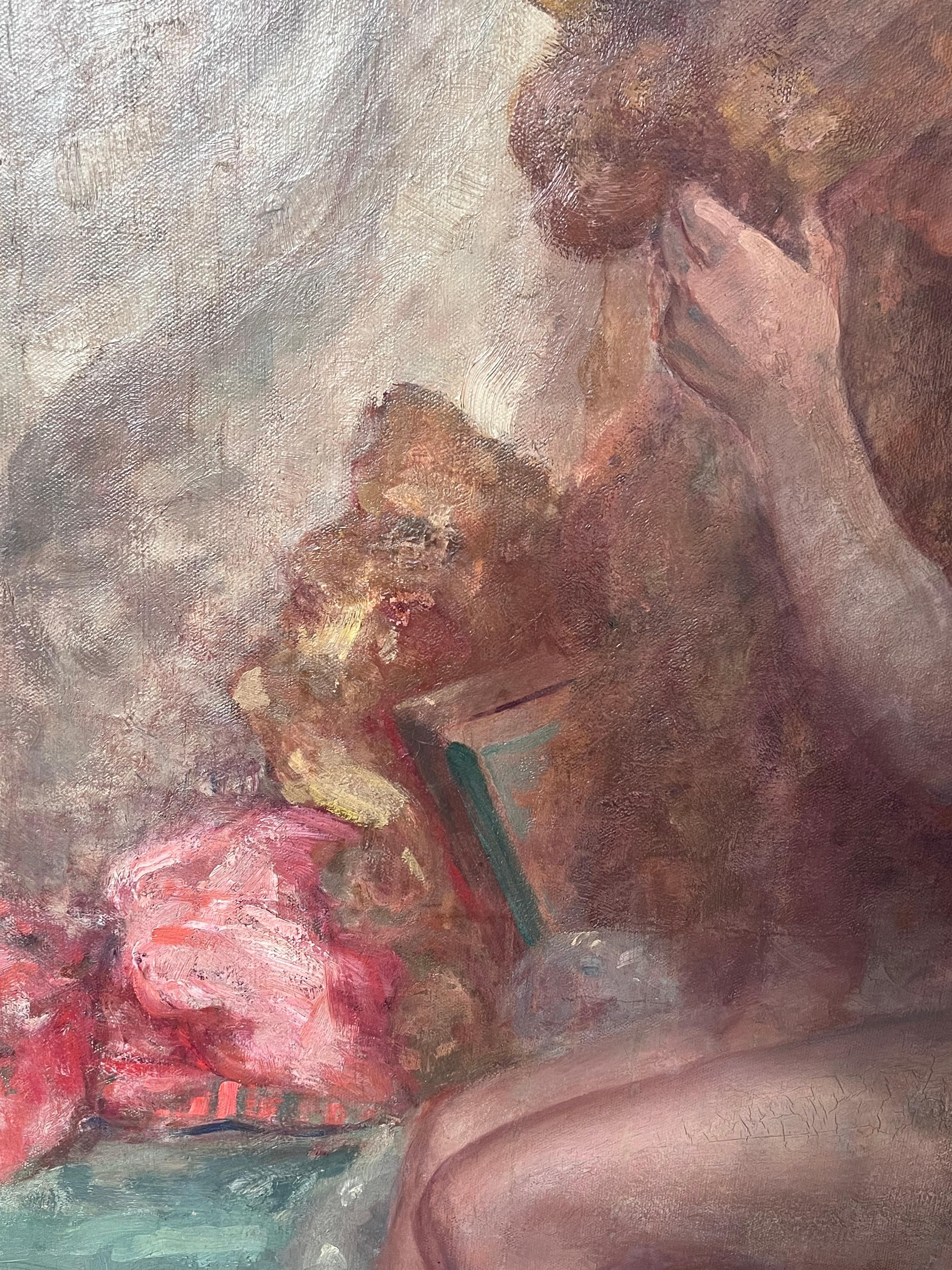 Huge 1900's French Impressionist Oil on Canvas Nude Model Artists Interior For Sale 2