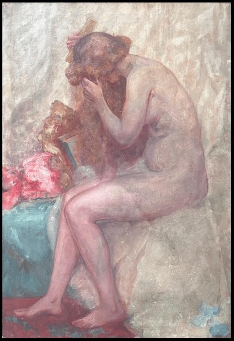 Huge 1900's French Impressionist Oil on Canvas Nude Model Artists Interior For Sale 4