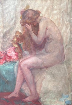 Antique Huge 1900's French Impressionist Oil on Canvas Nude Model Artists Interior