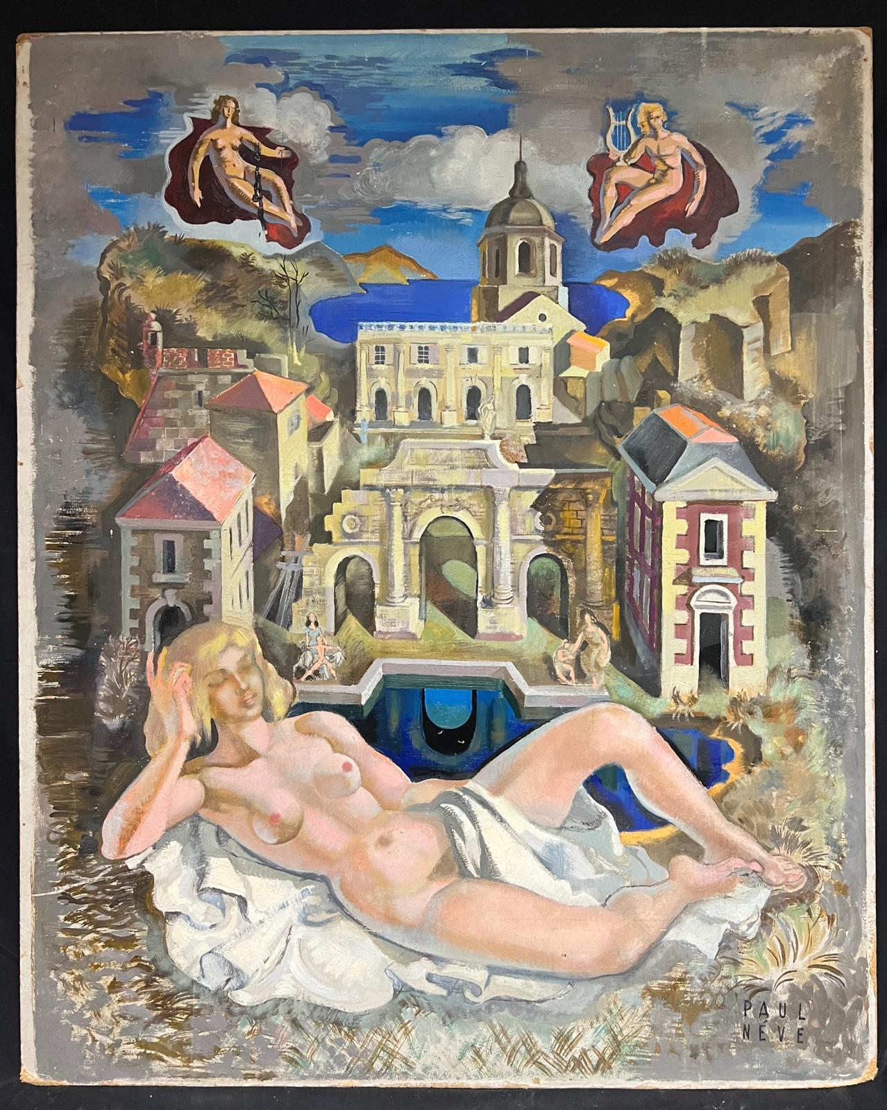 Enorme Venus desnuda francesa de los años 50 en un paisaje onírico de arquitectura clásica Mítica - Painting de French School