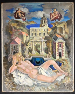 Huge 1950's French Nude Venus in Classical Architectural Dreamscape Mythical