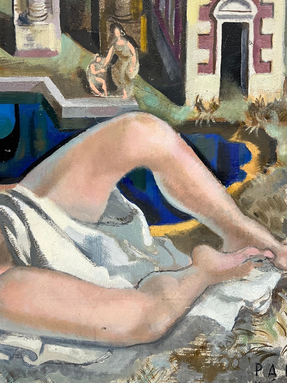 Enorme Venus desnuda francesa de los años 50 en un paisaje onírico de arquitectura clásica Mítica - Figurative Painting Marrón de French School