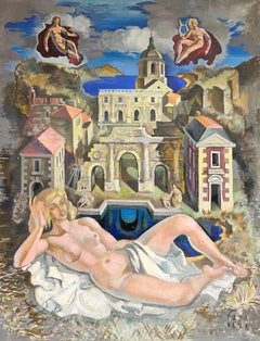 Enorme Venere nuda francese degli anni '50 in un paesaggio architettonico classico da sogno Mitico