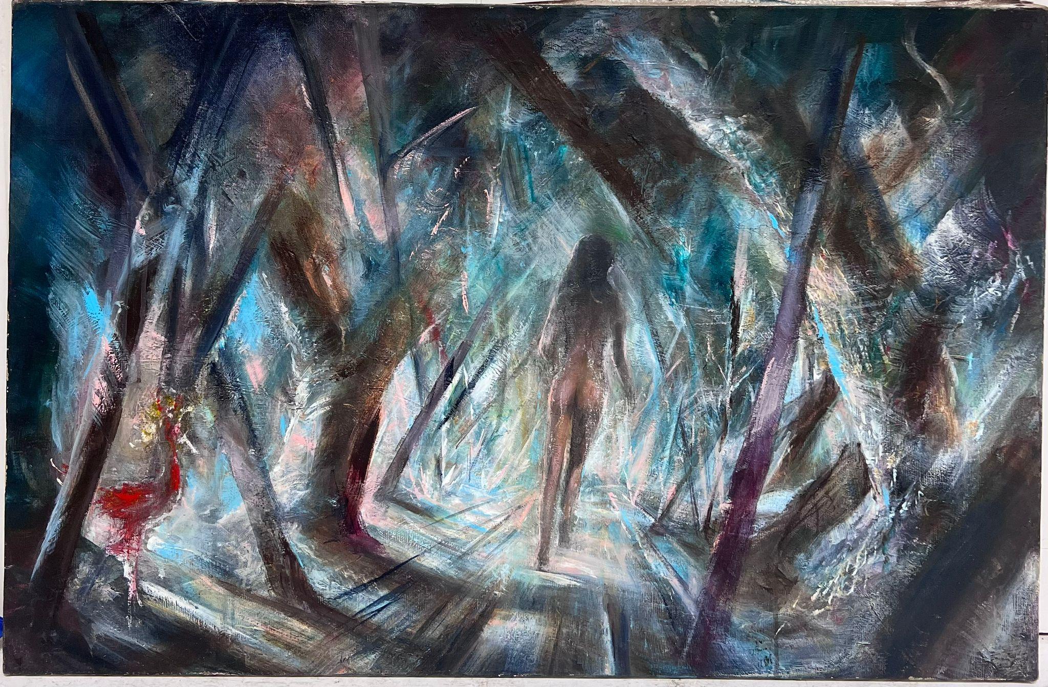 Grande peinture à l'huile abstraite française des années 1960, représentant une femme nue marchant dans des bois - Painting de French School
