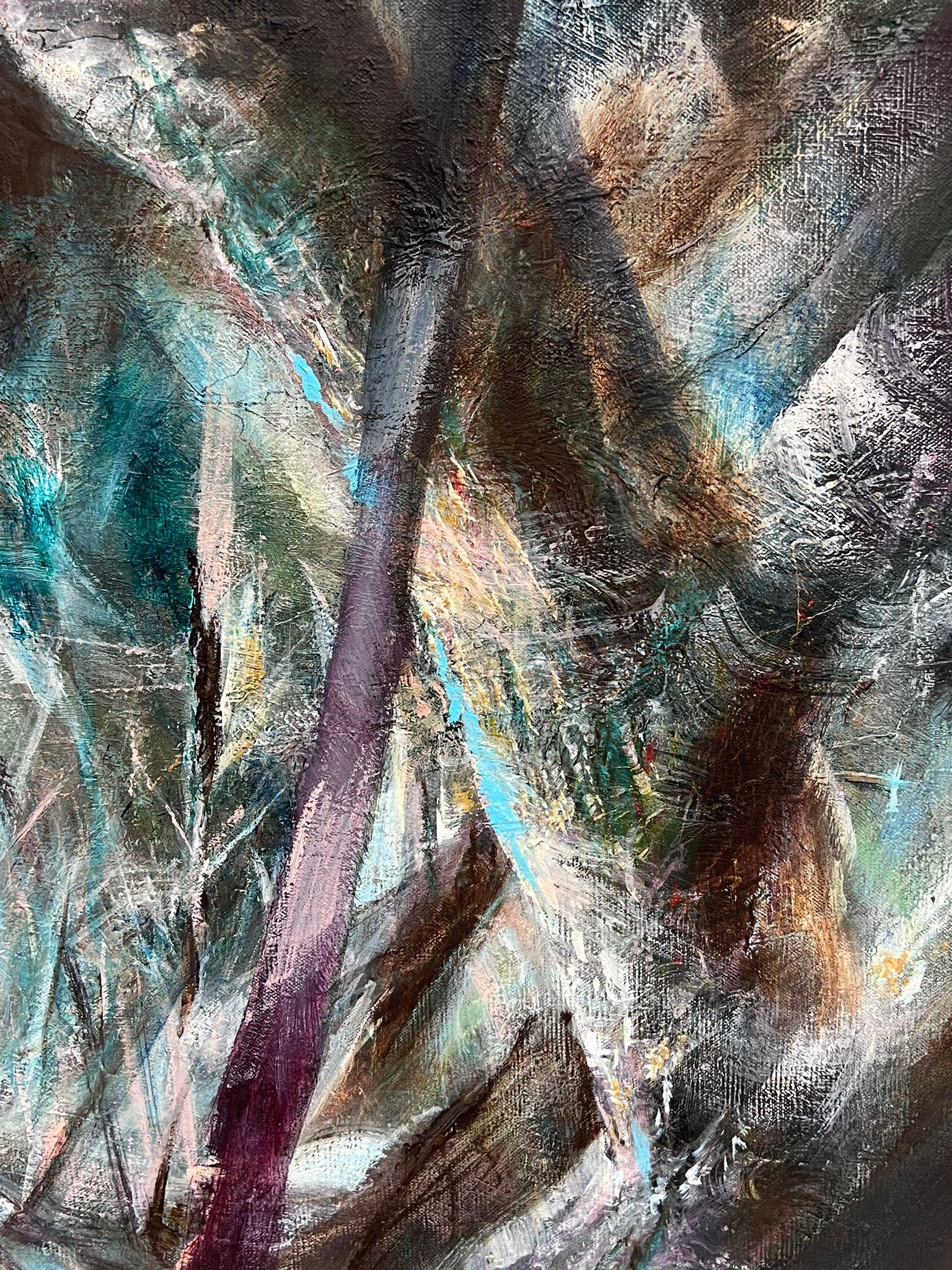 Grande peinture à l'huile abstraite française des années 1960, représentant une femme nue marchant dans des bois - Moderne Painting par French School