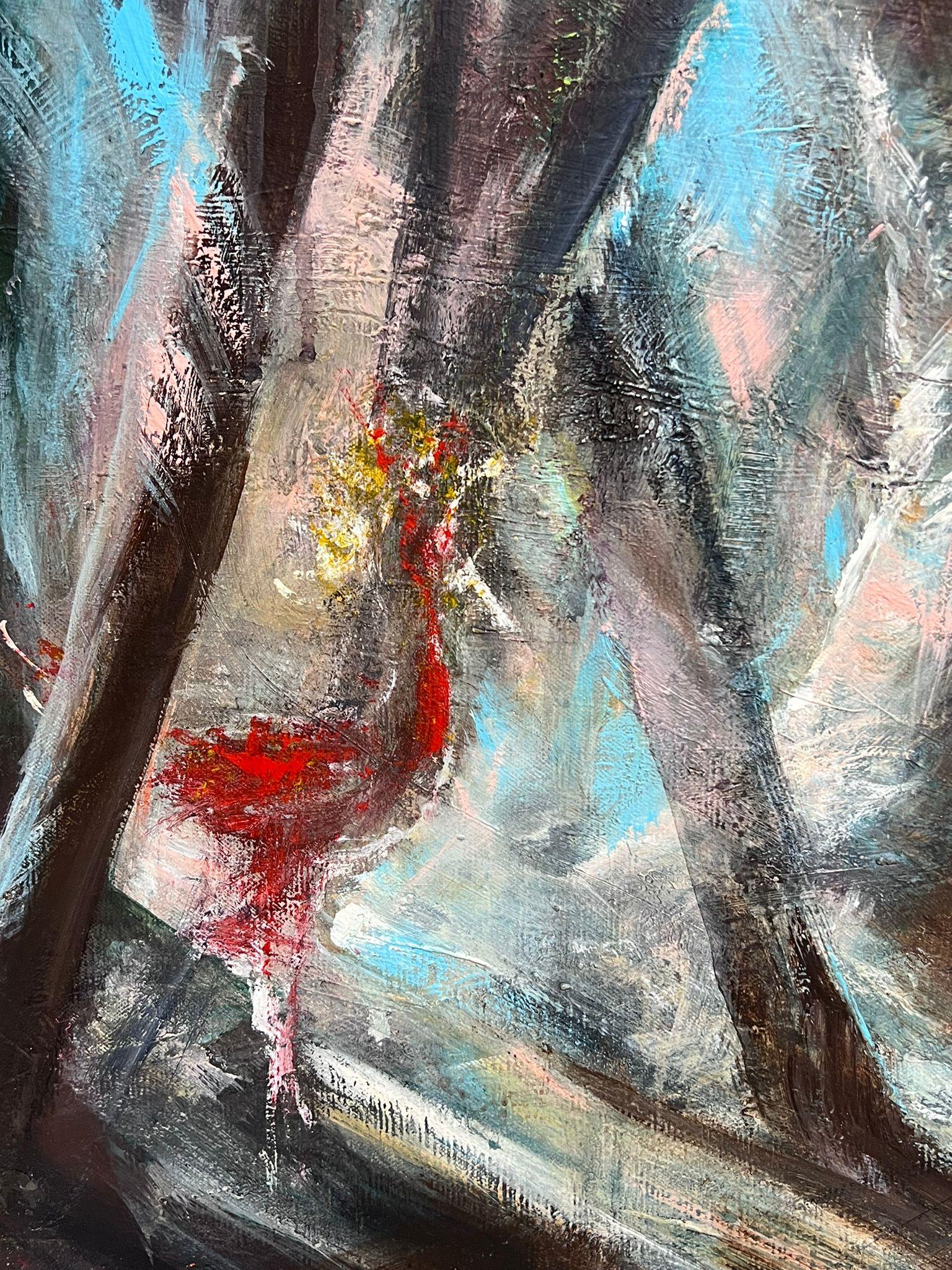 Grande peinture à l'huile abstraite française des années 1960, représentant une femme nue marchant dans des bois - Noir Landscape Painting par French School